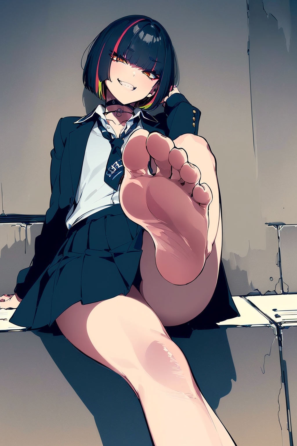 1girls, ai generated, barefoot, choker, dyed hair, feet, feet up, female, female only, foot fetish, hi res, human, illua studio, looking at viewer, nai diffusion, necktie, original, original character, punk, punk girl, school uniform, schoolgirl, short hair, skirt, smile, soles, toes