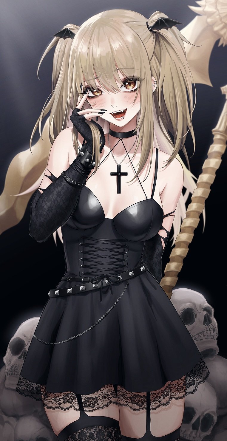 1girls bare_shoulders bat_wings black_dress black_nails blonde_hair blush breasts choker cross_neko death_note dress ear_ring fangs female female_only fingerless_gloves fully_clothed garter_straps gloves goth goth_girl human lip_piercing makeup mascara misa_amane nail_polish open_mouth skull smile solo thighhighs twintails