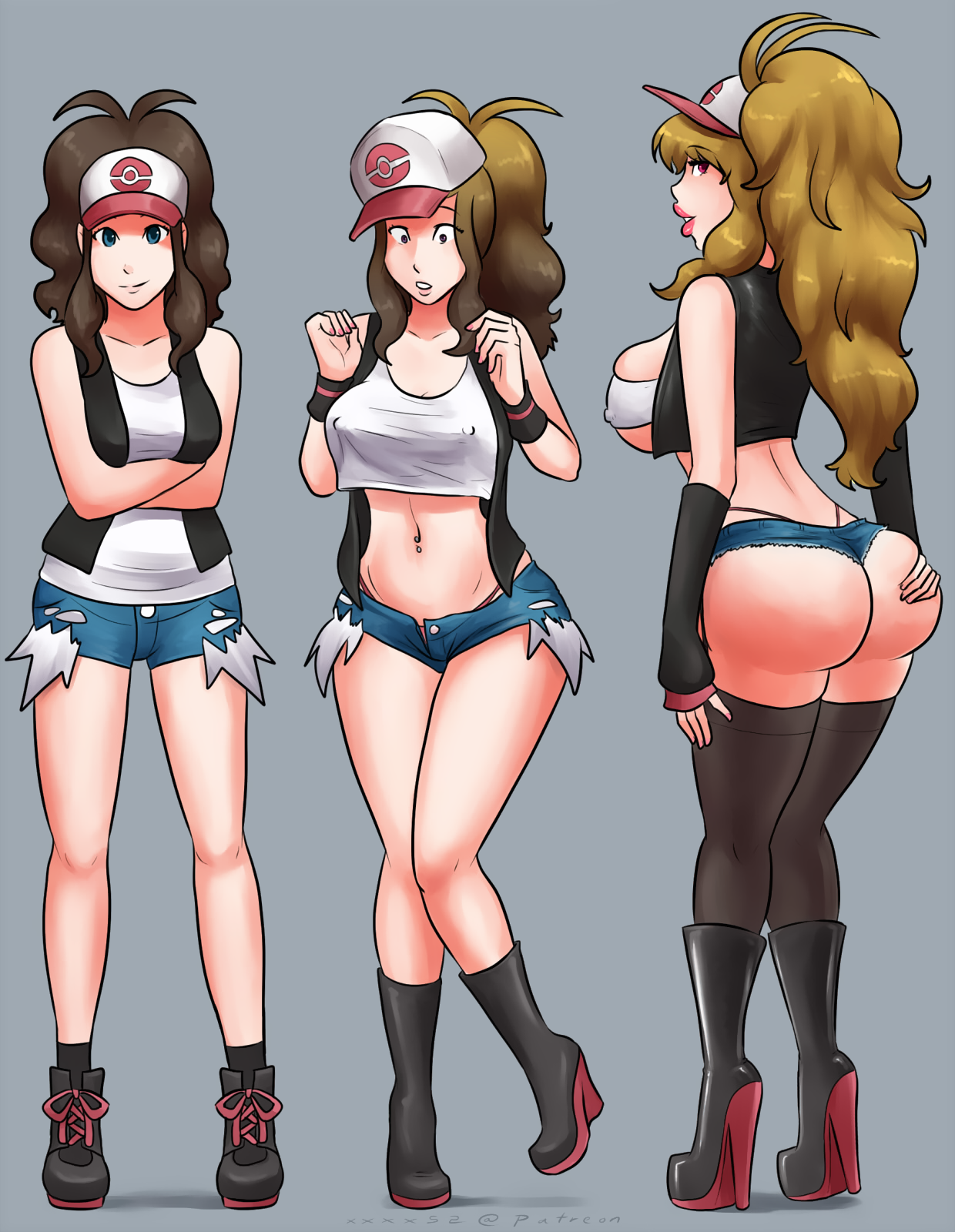 1girls, ankle socks, anklehighs, arm warmers, ass, ass expansion, ass hanging out of shorts, bandeau, big ass, big breasts, bimbo, bimbofication, black socks, blonde hair, blue eyes, boots, breast expansion, breast growth, breast growth (enlargement), breasts, brown hair, cleavage, clothed, crop top, cutoffs, edit, erect nipples, erect nipples under clothes, female, female only, fingernails, game freak, grabbing own ass, hair color change, hat, high heel boots, high heels, hilda (pokemon), jacket, jean shorts, midriff, nail polish, navel piercing, nintendo, nipples, panties, panties visible, piercing, pink eyes, pink lipstick, pink nails, pokemon, pokemon bw, ponytail, shirt, short shorts, shorts, socks, thigh socks, thighhighs, thong, thong straps, underboob, vest, watermark, xxxx52