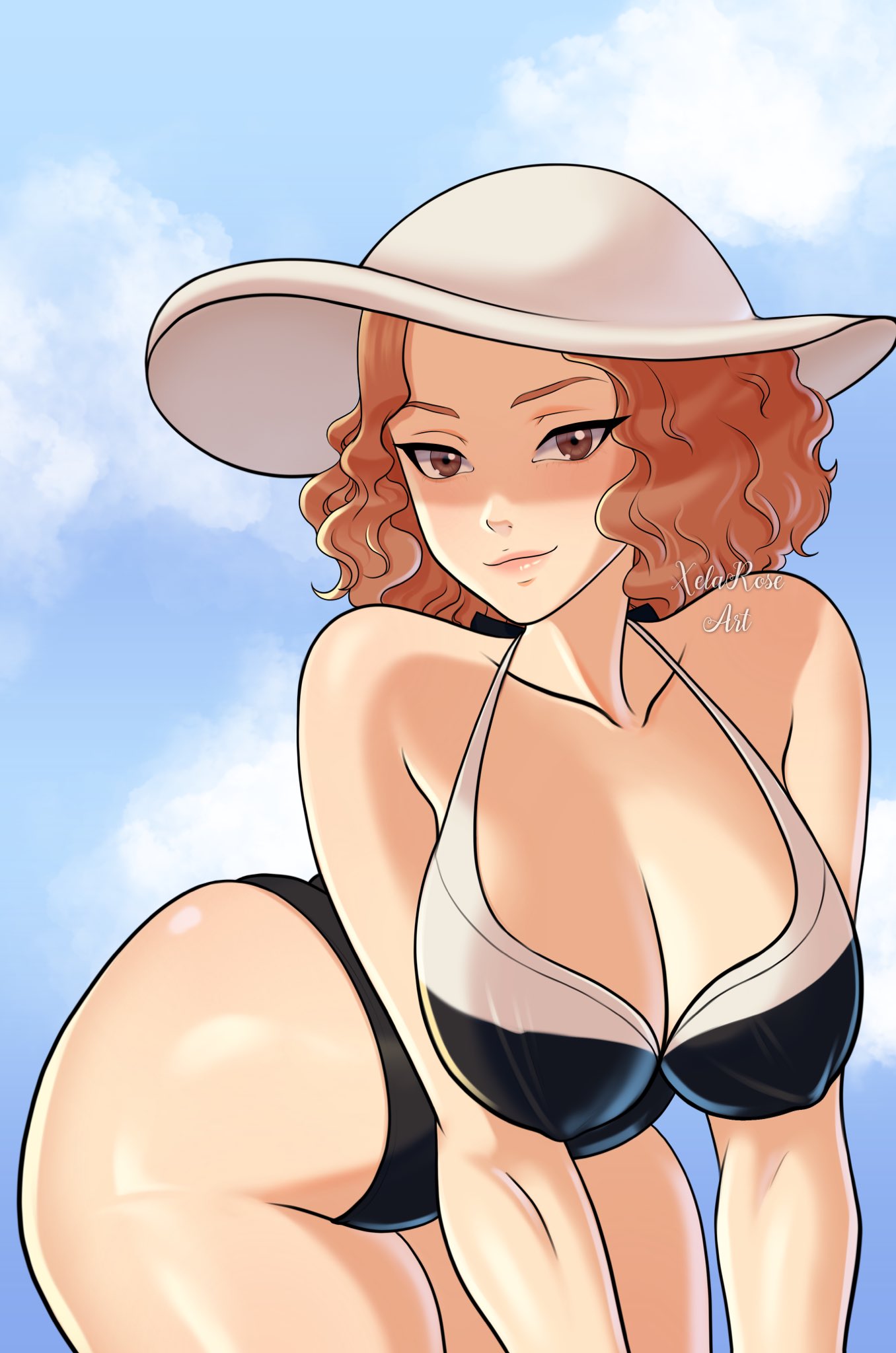 artist name, ass, atlus, breasts, brown hair, female, female only, haru okumura, hat, large breasts, leaning forward, lipstick, looking at viewer, nipple bulge, nipples, one-piece swimsuit, persona, persona 5, pointy chin, seductive, seductive look, seductive smile, shaded face, shiny skin, short hair, solo, solo female, sun hat, thick thighs, thighs, xelaroseart