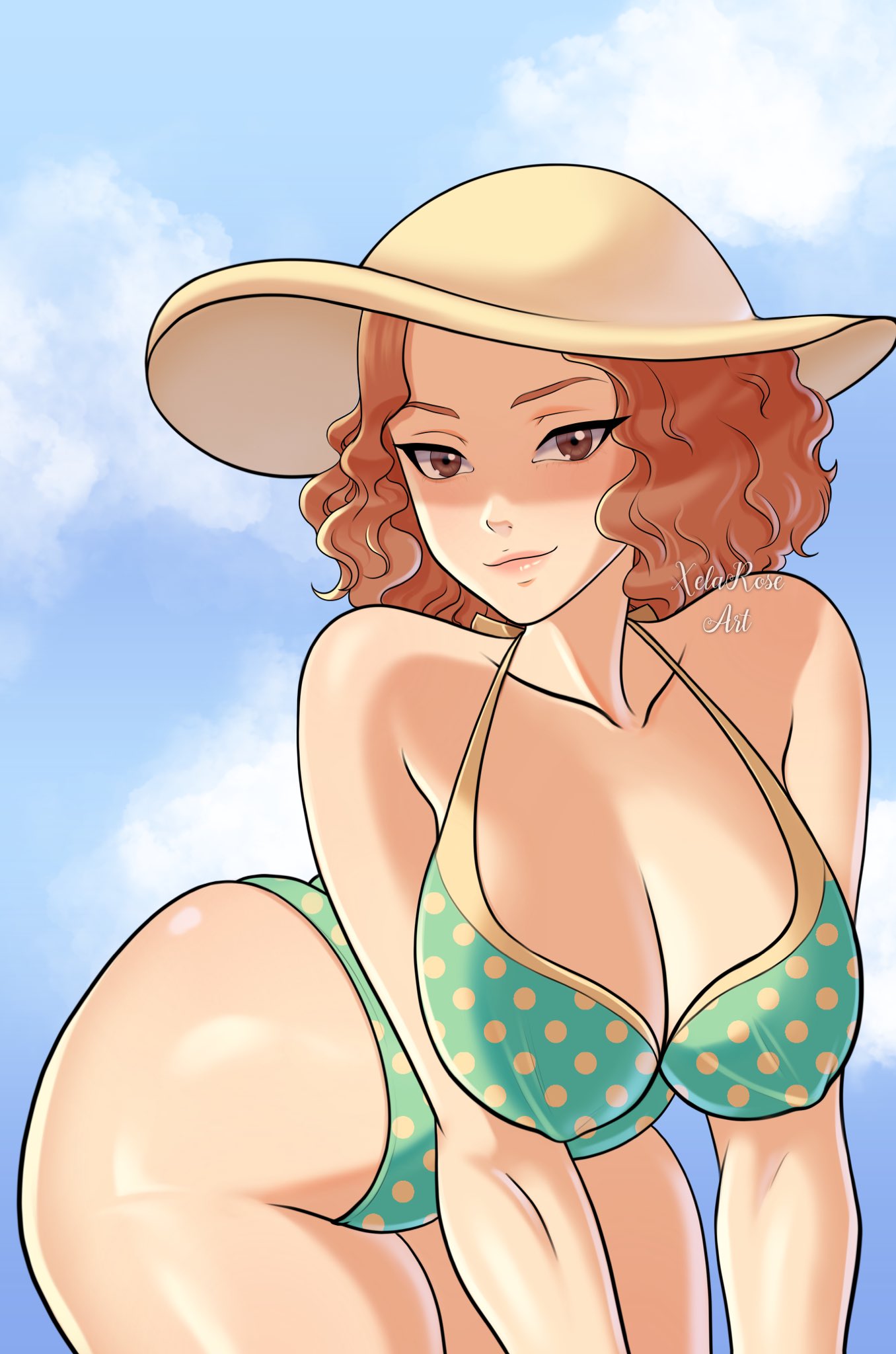 artist name, ass, atlus, breasts, brown hair, female, female only, haru okumura, hat, large breasts, leaning forward, lipstick, looking at viewer, nipple bulge, nipples, one-piece swimsuit, persona, persona 5, pointy chin, seductive, seductive look, seductive smile, shaded face, shiny skin, short hair, solo, solo female, sun hat, thick thighs, thighs, xelaroseart