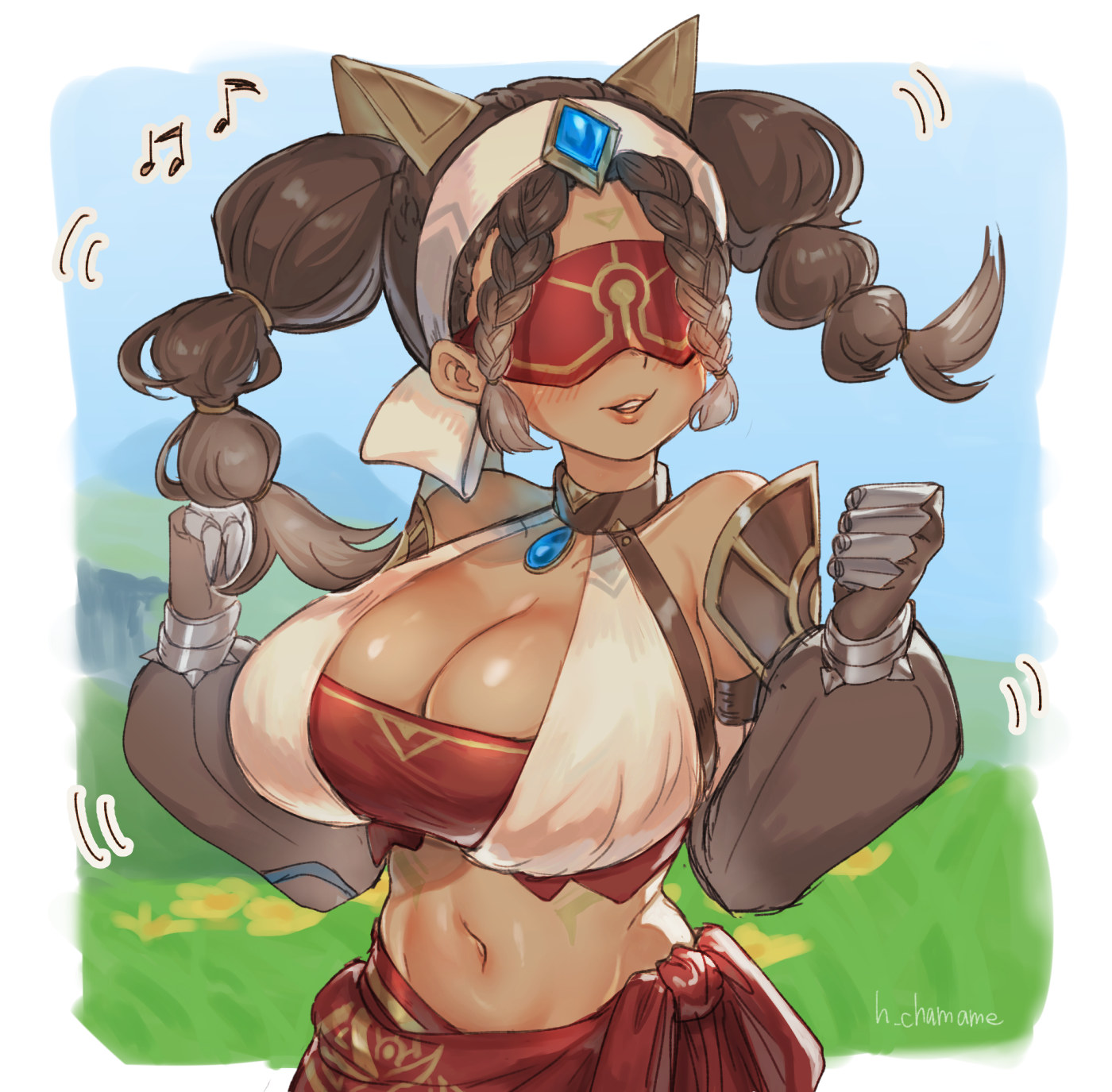 1girls, big breasts, blush, breasts, chamame, cleavage, clothed, clothed female, clothing, dark skin, dark-skinned female, eremite (genshin impact), eremite desert clearwater (genshin impact), female, genshin impact, huge breasts, large breasts, navel, npc, voluptuous