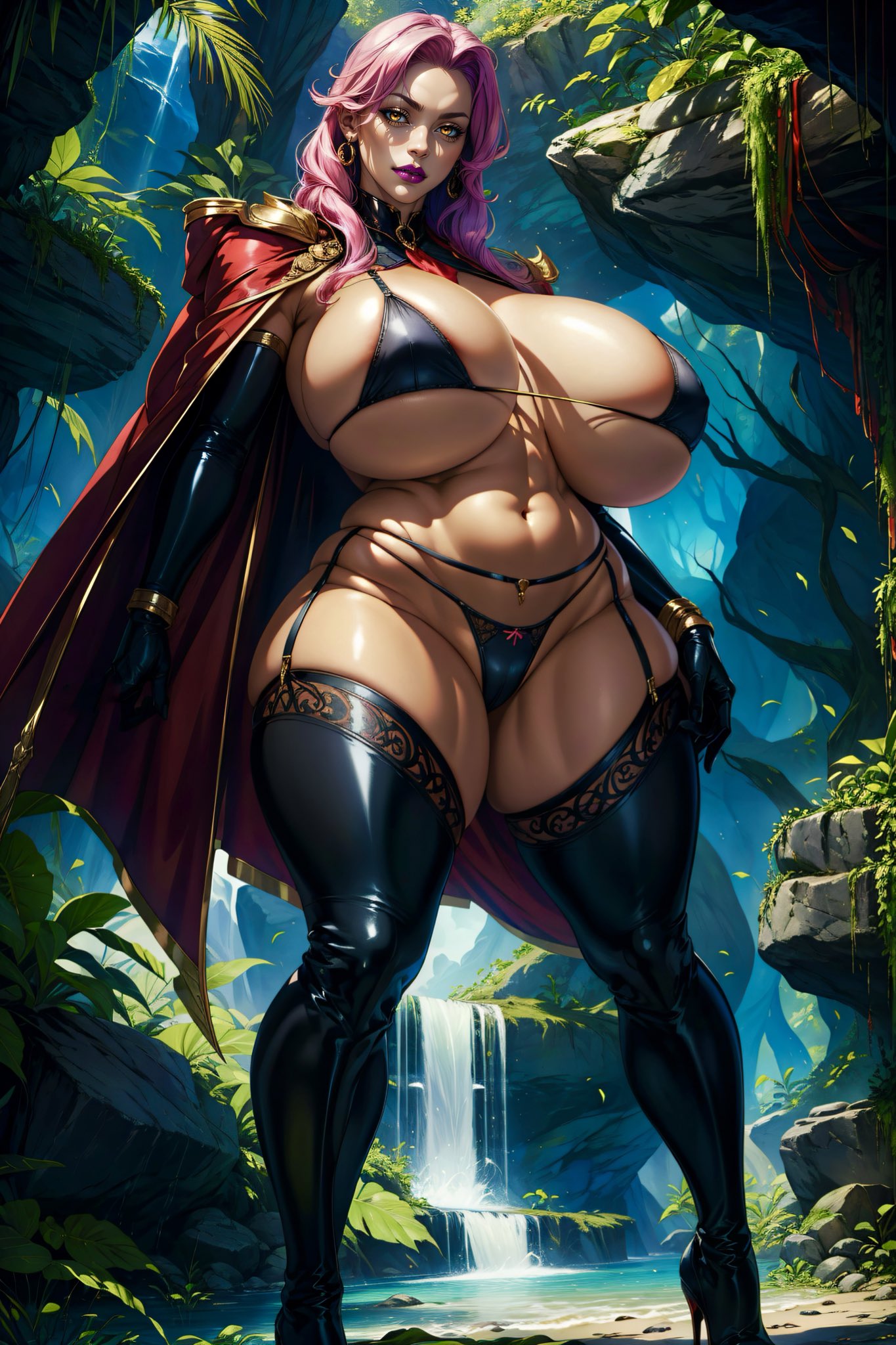 1girls, ai generated, breasts, female, hi res, high heels, huge breasts, ingrid (taimanin asagi), latex gloves, latex thighhighs, long hair, pink hair, seductive look, stable diffusion, standing, taimanin (series), voluptuous, voluptuous female, wide hips