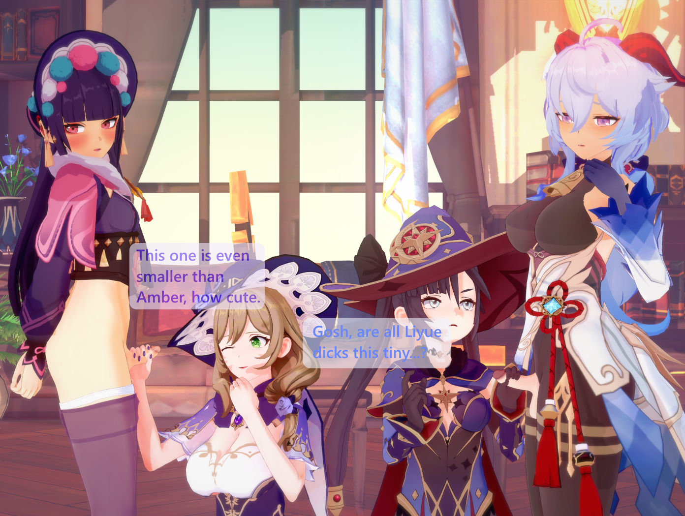 2futas, 3d, 4futas, 4girls, background, blonde hair, blue hair, bodysuit, bottomless, breasts, comic, degradation, disgusted, embarrassed, female, futa only, futanari, ganyu (genshin impact), genshin impact, green eyes, handjob, holding penis, humiliation, intersex, large breasts, laugh, lisa (genshin impact), looking at another, looking at penis, looking away, looking down, mona (genshin impact), no252, pantyhose, penis, penis grab, penis size comparison, penis size difference, pinching gesture, pink eyes, purple hair, room, small breasts, small penis, small penis humiliation, smug, text, yun jin (genshin impact)