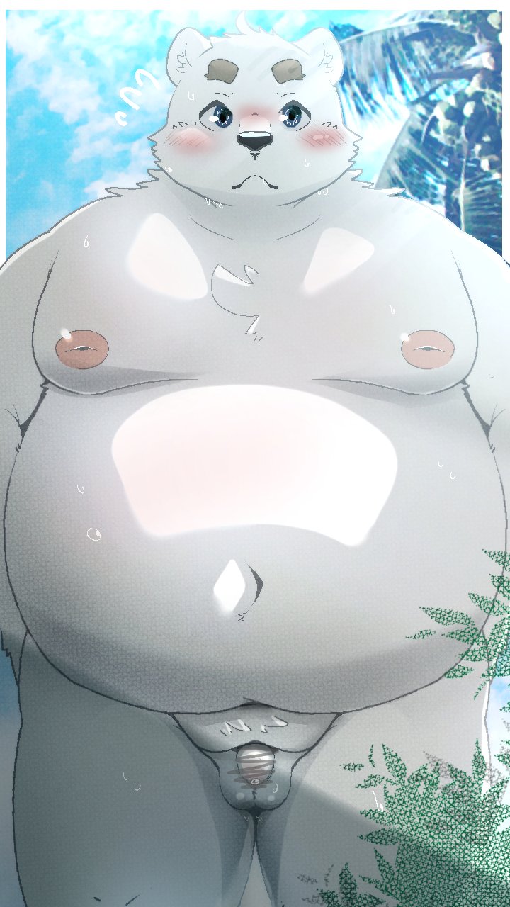 2023 anthro bear belly big_belly black_nose blush flaccid foreskin fupa genitals hi_res kemono male mammal menmen_kesinn moobs navel nipples nude outside overweight penis polar_bear small_penis solo solo_male ursine white_body