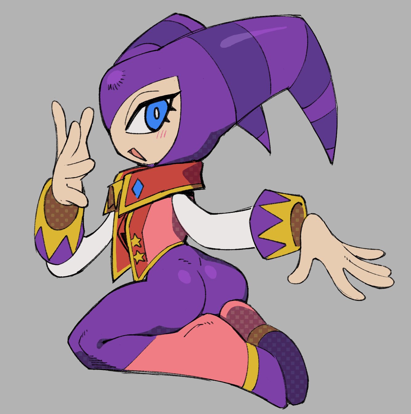 5 fingers, ambiguous gender, androgynous, ass, bodysuit, caliginous, clothing, eyes, floating hands, grey background, humanoid, jester, jpeg, kneeling, mouth, nights, nights into dreams, open eyes, open mouth, posing, sega, tongue
