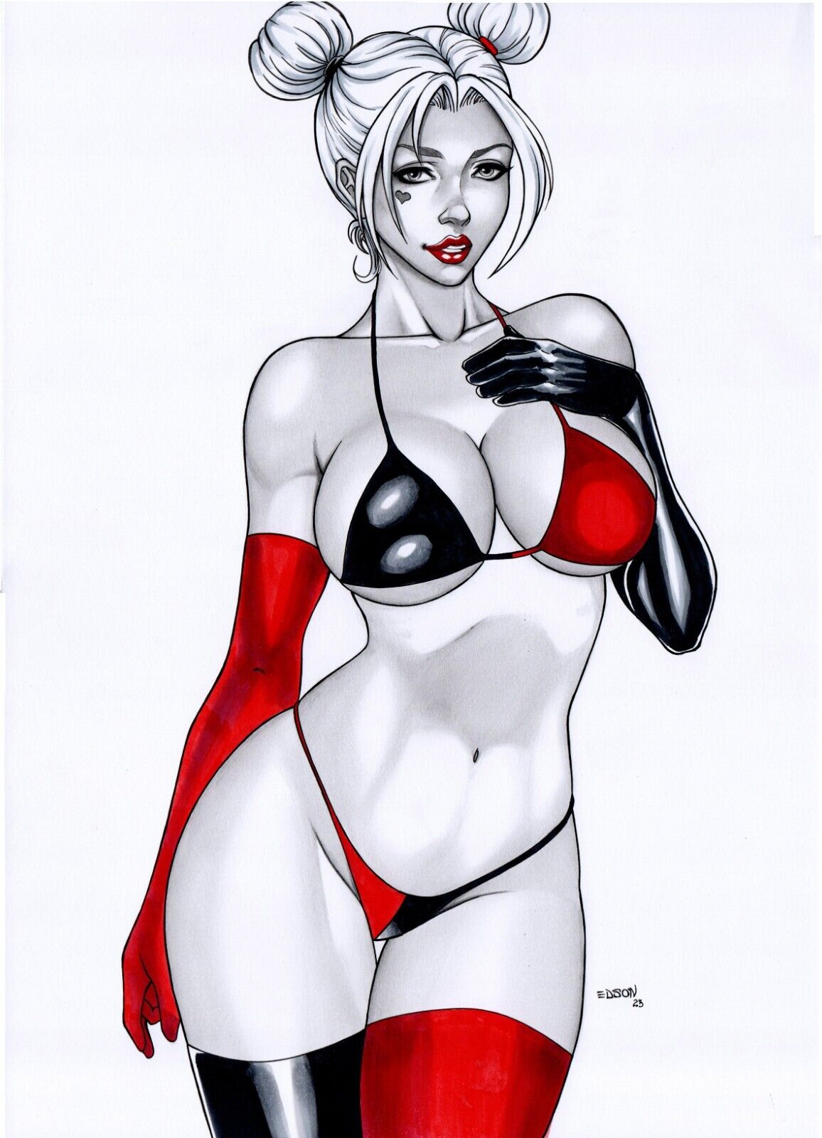 1girls, 2023, batman (series), breasts, curvaceous, curvy female, curvy figure, dc, dc comics, ed benes studio, female, female focus, female only, fully clothed, harley quinn, hi res, huge breasts, looking at viewer, solo, solo female, voluptuous, voluptuous female