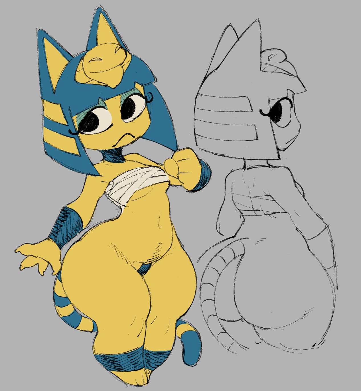 1girls, 2022, animal crossing, ankha, ass, bottomless, caliginous, cat ears, cat tail, female, pubic hair, thighs, yellow body, yellow fur