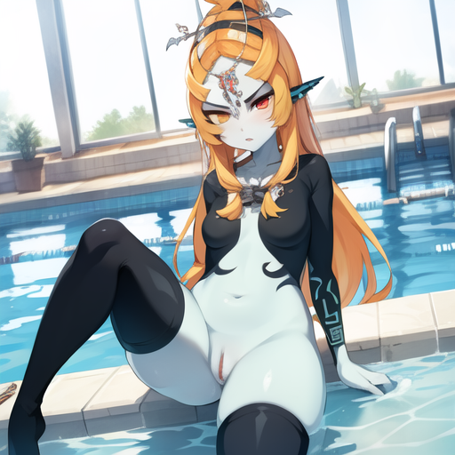 1girls ai_generated black_legwear breasts exposed_breasts female female_only fluffy hood jewelry midna nintendo ponytail pool pussy ruptuorie sclera solo the_legend_of_zelda twili_midna twilight_princess