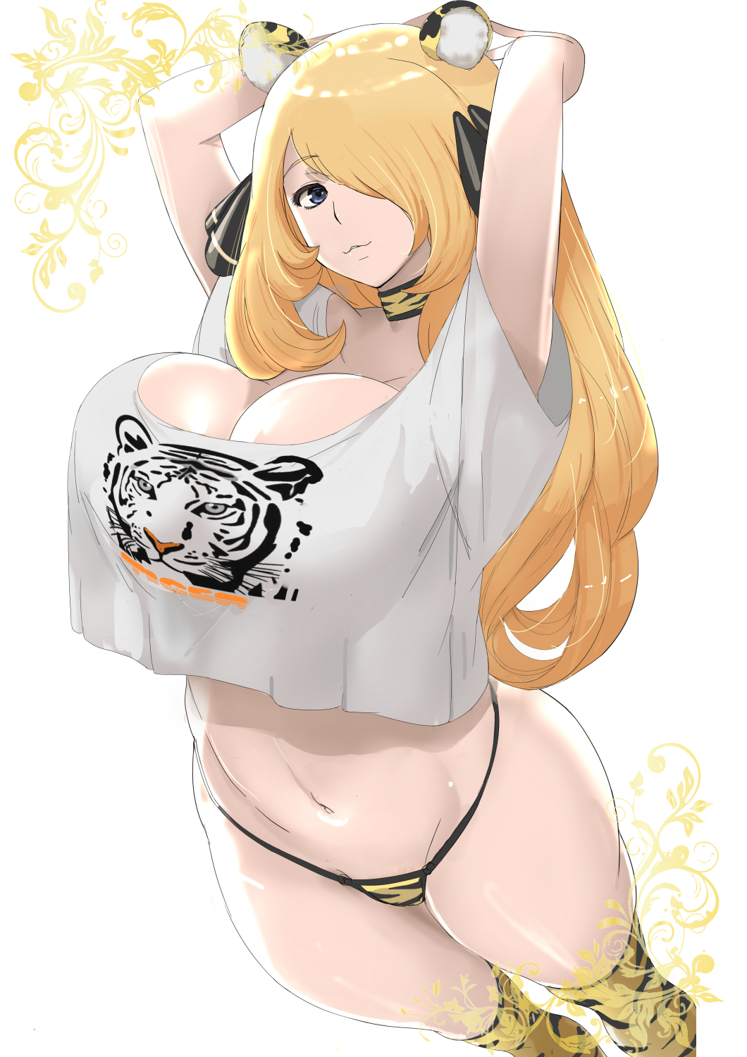 big breasts, blonde, blonde female, blonde hair, breasts, clothing, cynthia (pokemon), female, female only, hair over one eye, large breasts, light skin, light-skinned female, long hair, looking at viewer, makoto daikichi, panties, pokemon, pokemon champion, pokemon dppt, shirt, stockings