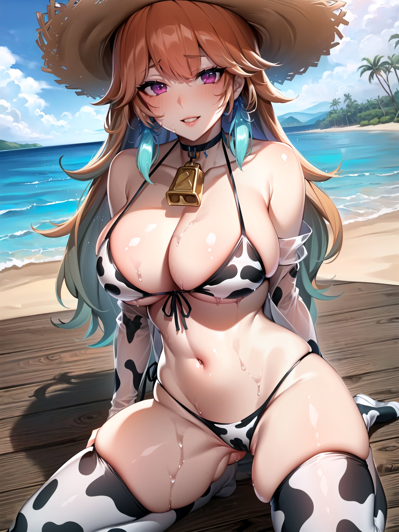 1girls, ai generated, breasts, cow bikini, cow print, curvaceous, curvy body, curvy female, female, female focus, female only, hololive, hololive english, hololive myth, huge breasts, long hair, orange hair, solo, stable diffusion, takanashi kiara, virtual youtuber, voluptuous, voluptuous female