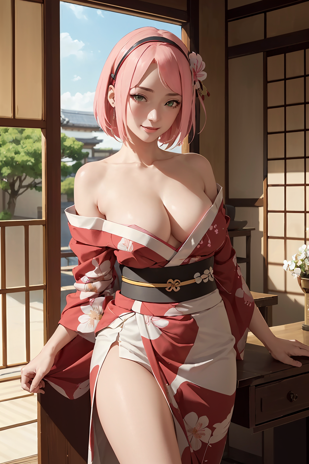 ai generated, boruto: naruto next generations, cleavage cutout, curvaceous, curvy body, female, female only, haruno sakura, kimono, naruto, naruto (series), naruto shippuden, pink hair, sakura haruno, stable diffusion, voluptuous, voluptuous female