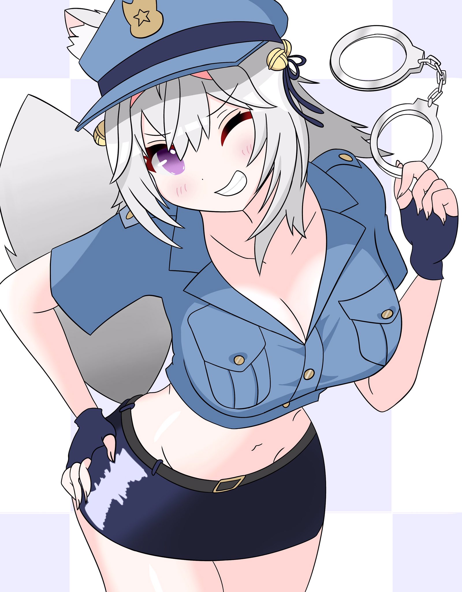 1girls, 2d, big breasts, boobs, breasts, cop filian, female, female only, filian, filian (vtuber), furry, gloves, grid background, handcuffs, indie virtual youtuber, large breasts, police uniform, purple eyes, rindo (vrchat), sfw, simple background, skirt, solo, tits, virtual youtuber, vrchat, vtuber, white hair, white tail, wink, winking at viewer