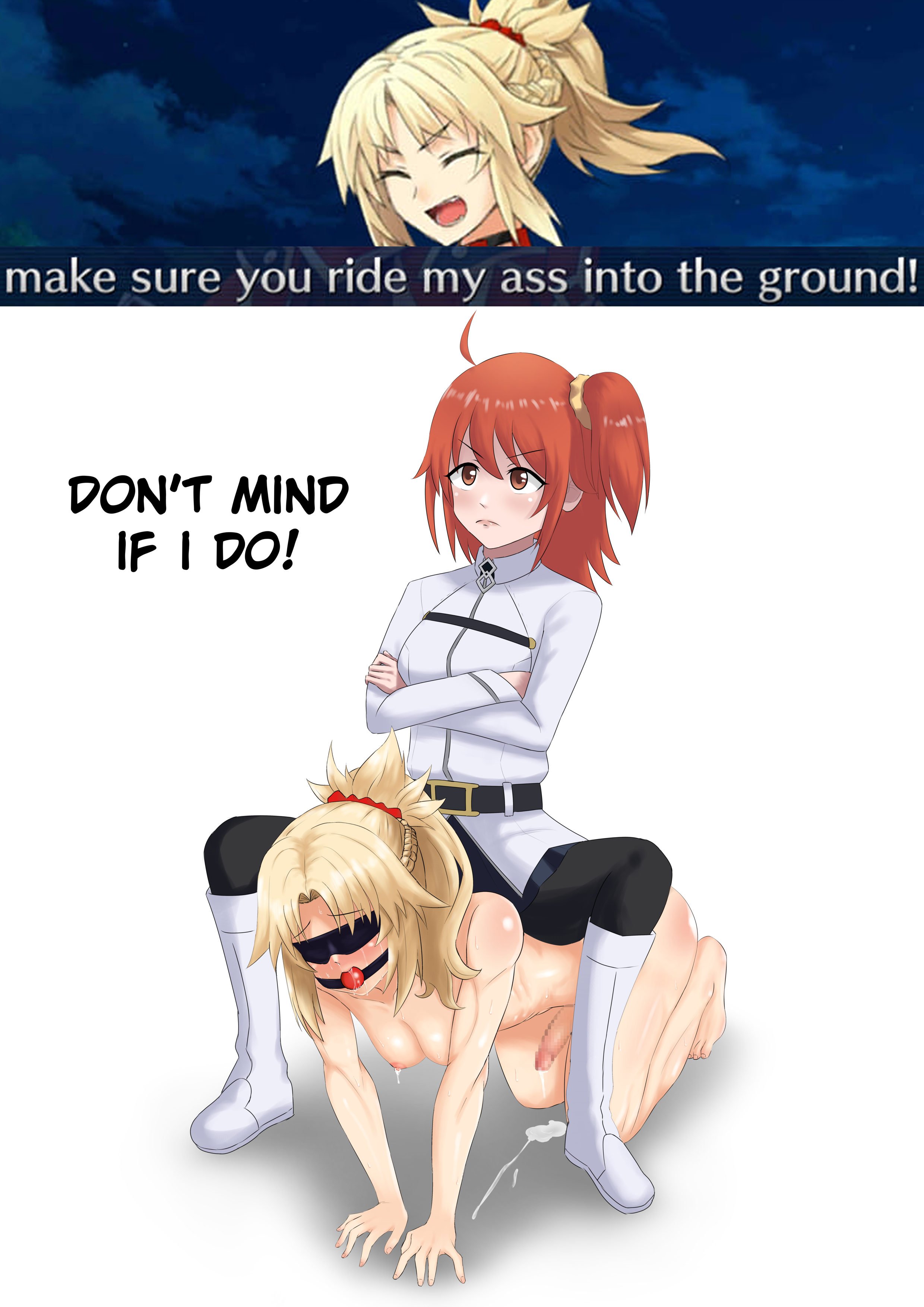 1futa, 1girls, 2koma, abs, all fours, ball gag, blindfold, blonde female, blonde hair, blush, bondage, breasts, brown eyes, bullying, censored, clothed, clothed female, clothed female nude female, clothed female nude futa, clothing, completely nude, crying, cum, cum drip, cum puddle, dripping cum, drooling, duo, ejaculation, embarrassed, embarrassed nude female, fate (series), fate/grand order, female, female focus, female on futa, femdom, forced, forced exposure, fujimaru ritsuka (female), fully clothed, futa sans balls, futanari, futasub, gag, gagged, human, humiliated, humiliation, intersex, lactation, light skin, light-skinned female, light-skinned futa, masterb8, milk, mordred (fate), mosaic censoring, muscles, muscular, muscular arms, muscular female, naked, naked female, nipples, nude, nude female, nude futa, only one naked, orange hair, penis, petplay, ponytail, riding, semen, sitting on person, slave, small breasts, sweat, sweatdrop, sweating, text, tomboy