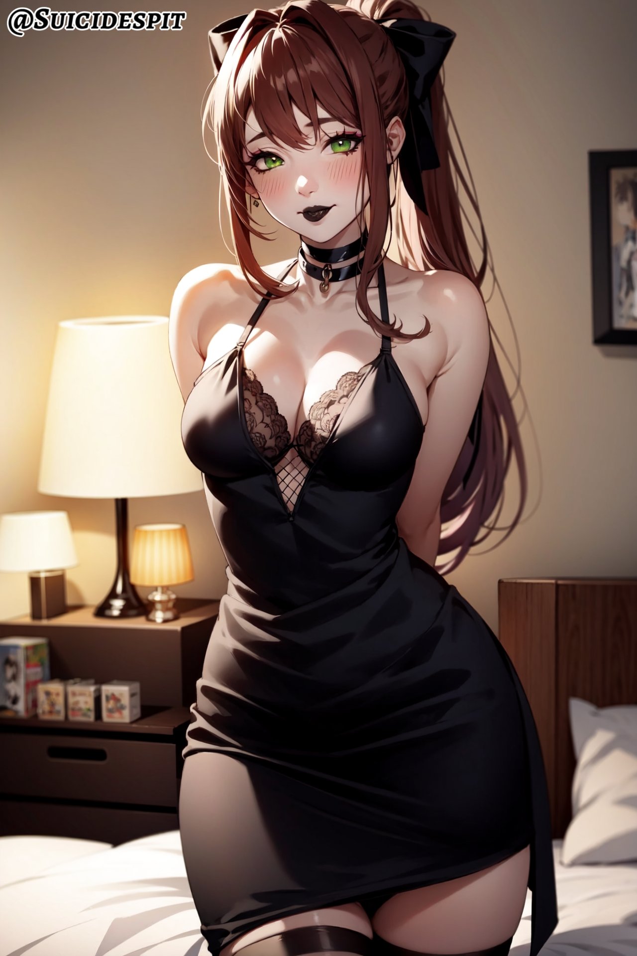 ai_generated bangs black_lipstick blush breasts brown_hair choker cleavage collarbone doki_doki_literature_club dress eyeliner female female_only goth goth_girl green_eyes hair_ribbon lipstick long_hair medium_breasts monika_(doki_doki_literature_club) solo solo_female suicidespit