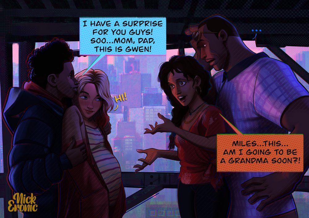 2boys 2girls after_impregnation after_sex black_hair blonde_hair blue_eyes blush brown_eyes canon_couple canon_event cityscape comic comic_page dark-skinned_female dark-skinned_male dark_skin dialogue earrings english_text eyebrow_piercing father female girlfriend gwen_stacy gwen_stacy_(spider-verse) hoodie interracial jacket jefferson_davis light-skinned_female light_skin male married_couple marvel marvel_comics miles_morales milf nickeronic pregnant rio_morales smiling spider-gwen spider-man spider-man:_across_the_spider-verse spider-man:_into_the_spider-verse spider-man_(series) text text_bubble wholesome