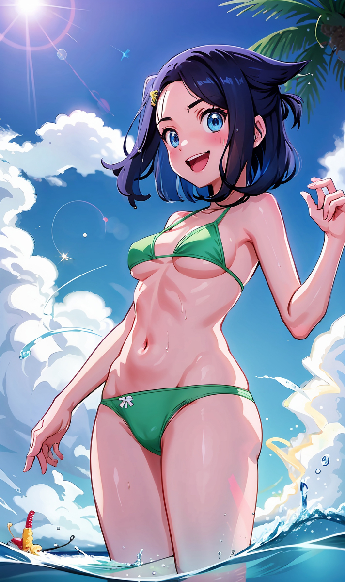 1girls, ai generated, ai hands, bag, bare shoulders, bikini, blue eyes, blue hair, breasts, clothing, female, female only, green bikini, green underwear, human, human only, legs, light skin, light-skinned female, liko (pokemon), looking at viewer, palm tree, pokemon, pokemon horizons, short hair, sky, small breasts, smiling, solo, solo female, swimwear, thighs, underwear