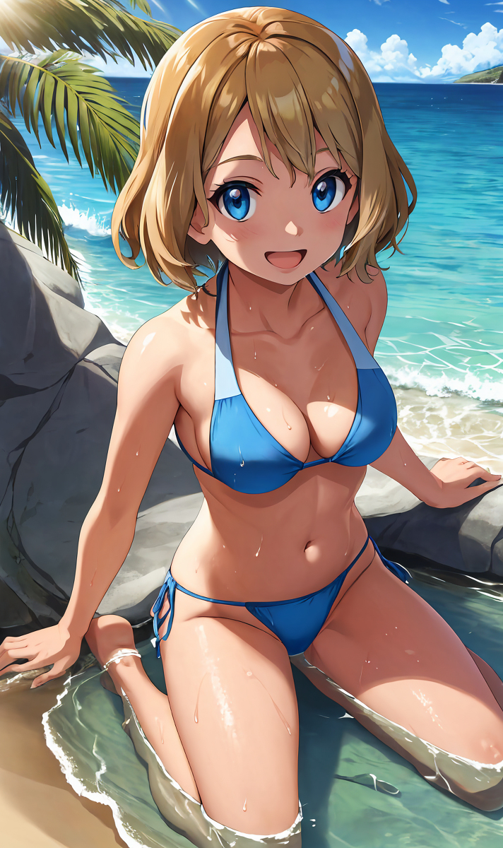 1girls ai_generated ai_hands bare_shoulders beach bikini blonde_hair blue_bikini blue_eyes blue_underwear breasts female female_only flushed human human_only light-skinned_female light_skin looking_at_viewer medium_breasts on_knees palm_tree pokemon serena_(pokemon) short_hair smiling underwear