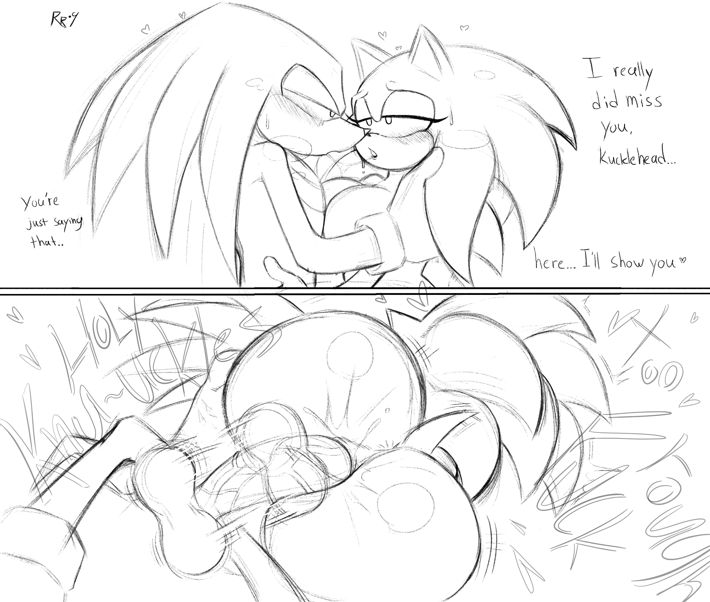 1boy, 1girls, after kiss, ass, big ass, big breasts, blush, breasts, dialogue, echidna, female, hedgehog, knuckles the echidna, male, monochrome, pussy, rule 63, sega, sex, sketch, snesti, sonic (series), sonic the hedgehog, sonic the hedgehog (series), sonique the hedgehog, steamy breath, tagme, text, vaginal, vaginal penetration, wide hips