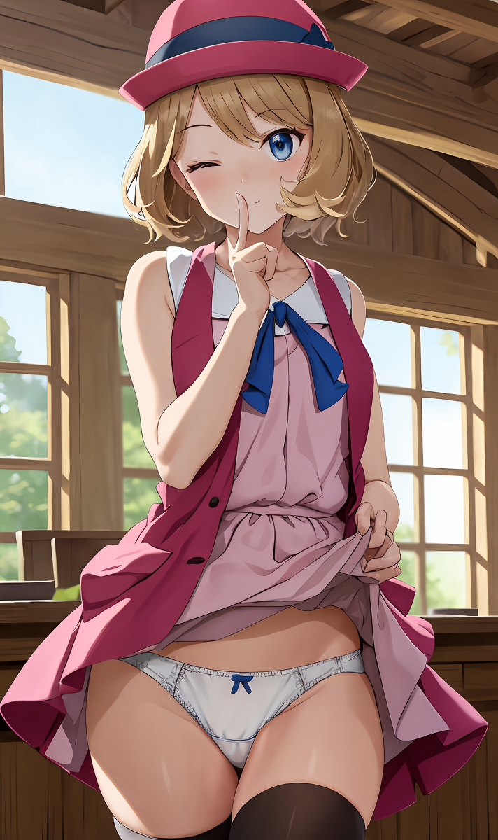 1girls, ai generated, ai hands, bare shoulders, black socks, blonde hair, blue eyes, blue ribbon, breasts, coat, dress, female, female only, flushed, hat, human, human only, legs, light skin, light-skinned female, looking at viewer, panties, pink dress, pink hat, pokemon, room, serena (pokemon), short hair, small breasts, socks, solo, thighs, white panties, wink, winking at viewer