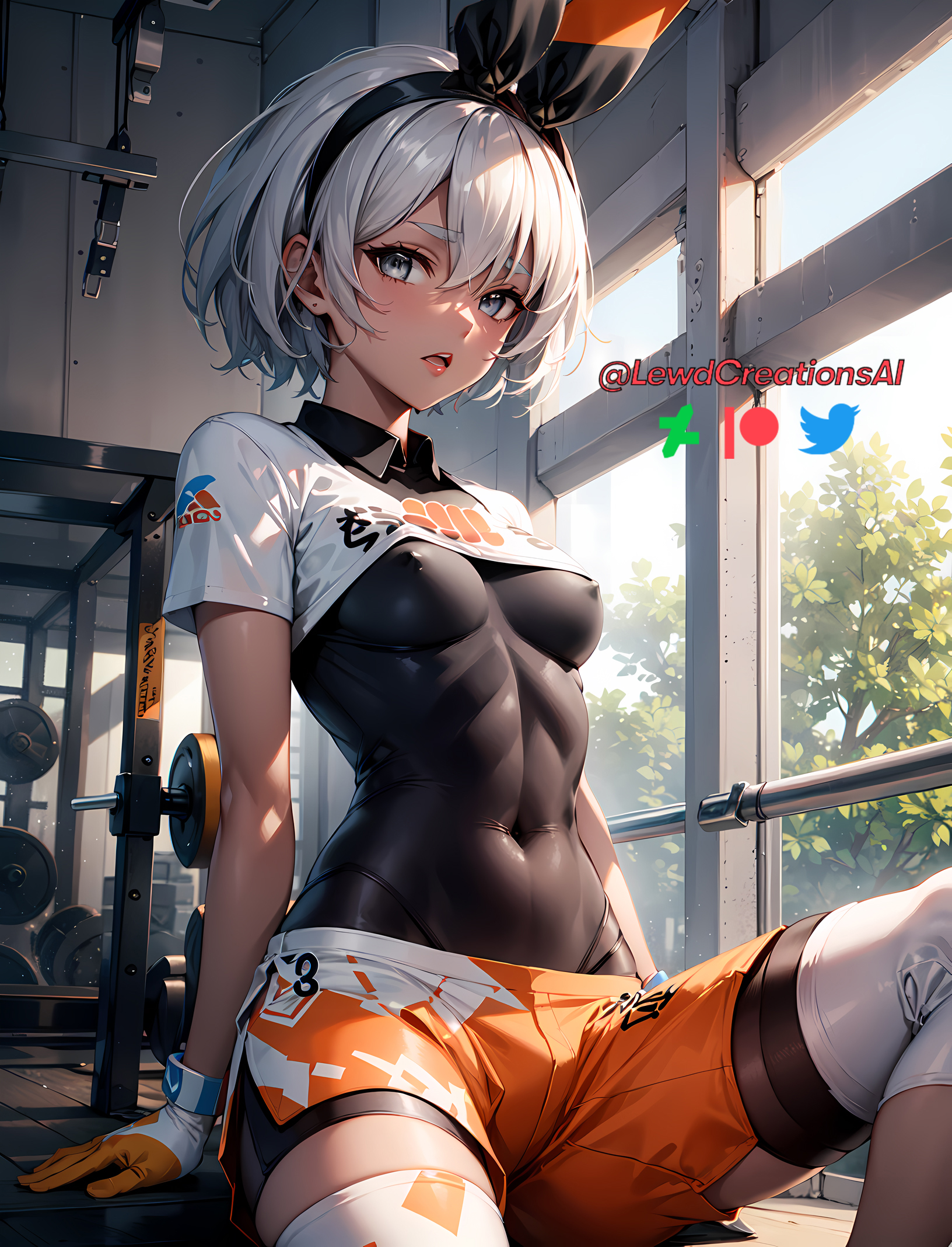 ai generated, armpitfetish, armpits, bea (pokemon), bodysuit, breasts, dark skin, dark-skinned female, female, grey eyes, lewdcreationsai, muscular, muscular female, navel, nipples visible through clothing, pokemon, selfie, sweat, sweatdrop, sweating, tagme, white hair