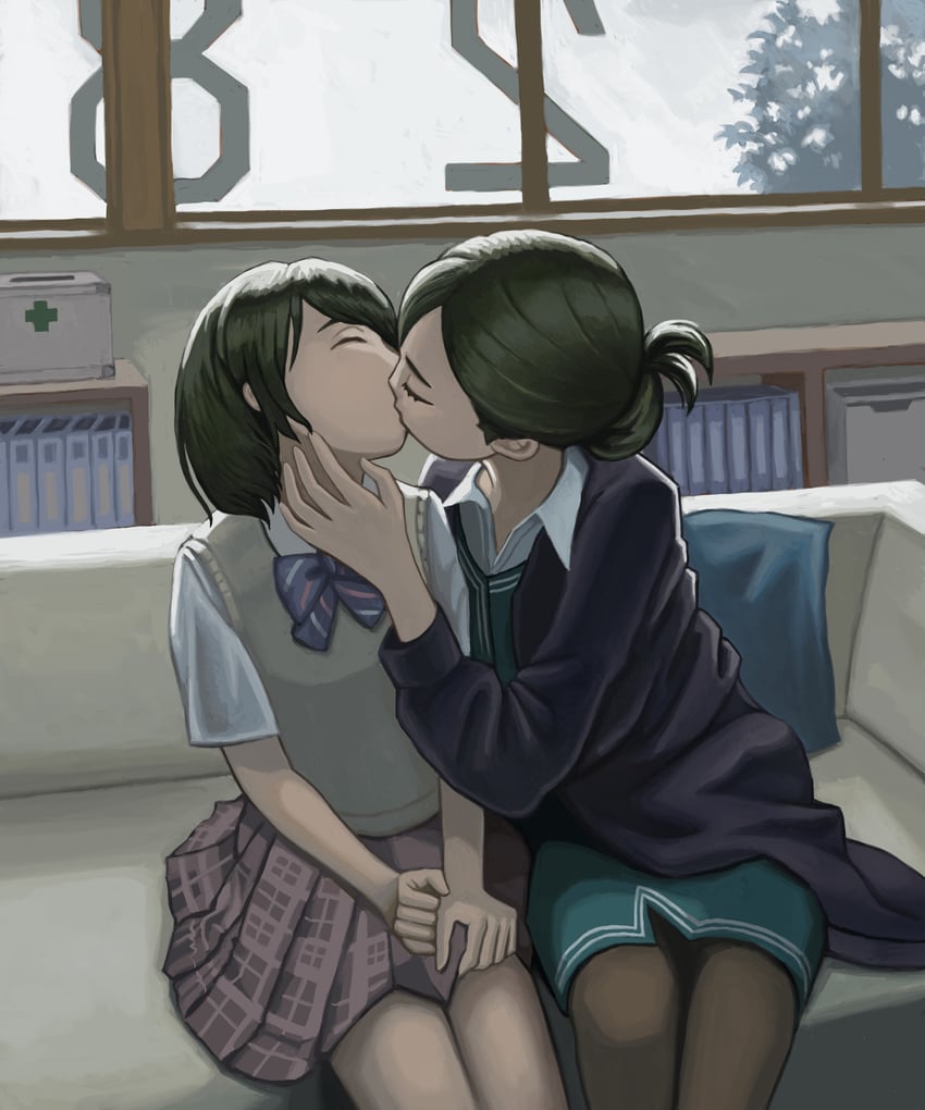 2girls age_difference black_cardigan black_legwear brown_skirt candid cardigan closed_eyes couch female_focus folded_ponytail french_kiss fukuda1997 green_hair green_skirt green_vest highres idolmaster idolmaster_shiny_colors incest kissing legwear multiple_girls muted_color nanakusa_hazuki nanakusa_nichika on_couch pantyhose realistic school_uniform schoolgirl semi_realistic short_hair siblings sisters sitting skirt sofa sweater_vest vest young yuri