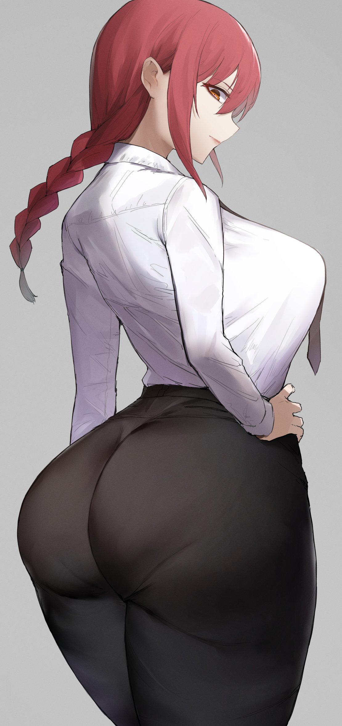 1girls, ass, breasts, chainsaw man, clothed, clothed female, female, female only, hips, huge ass, huge breasts, kataku musou, makima (chainsaw man), office lady, red hair, thick thighs, thighs, wide hips, yellow eyes