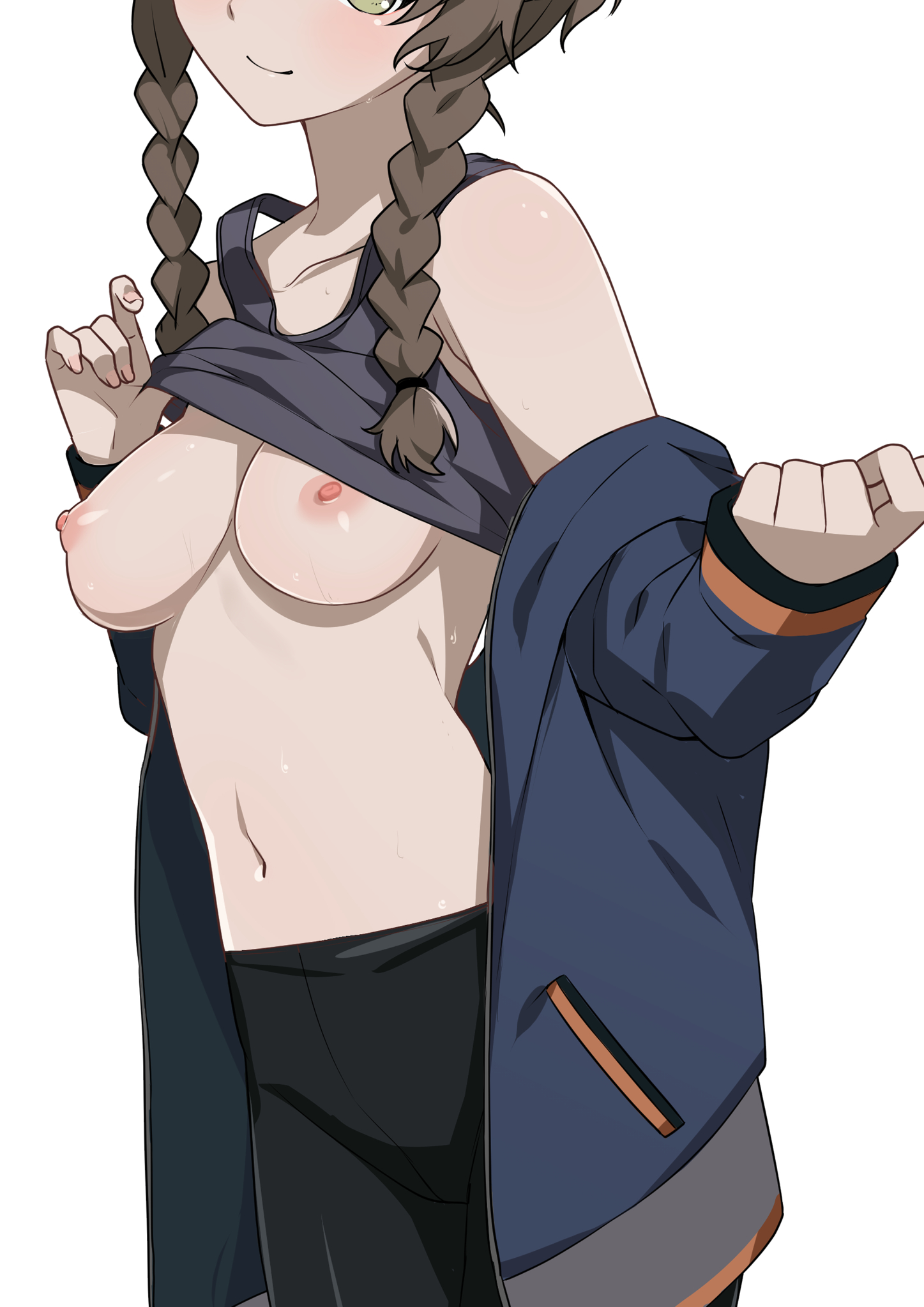 1girls, amane suzuha, bare breasts, bare shoulders, belly, bike shorts, black shorts, braided hair, breasts, brown hair, cropped, female, flashing breasts, jacket off shoulders, jacket open, leggings, lifting clothing, light skin, light-skinned female, medium breasts, midriff, morisobo, navel, open clothes, open jacket, smile, solo, sports bra, sports bra lift, standing, steins;gate, suckable nipples, track jacket, twin braids, undressing