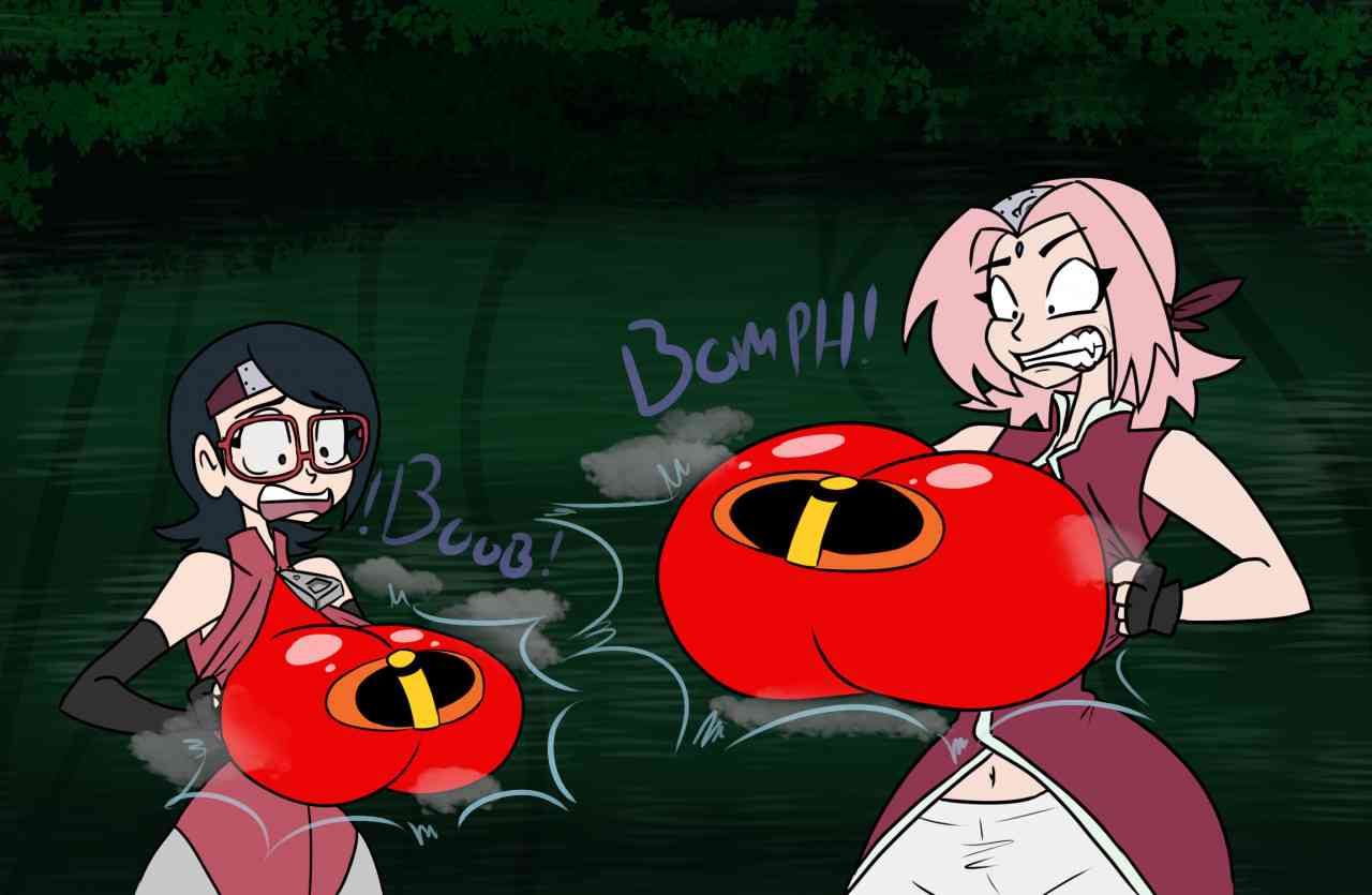 2girls breast_expansion da-fuze elastigirl_(cosplay) multiple_girls naruto sakura_haruno sarada_uchiha super_boobs the_incredibles transformation