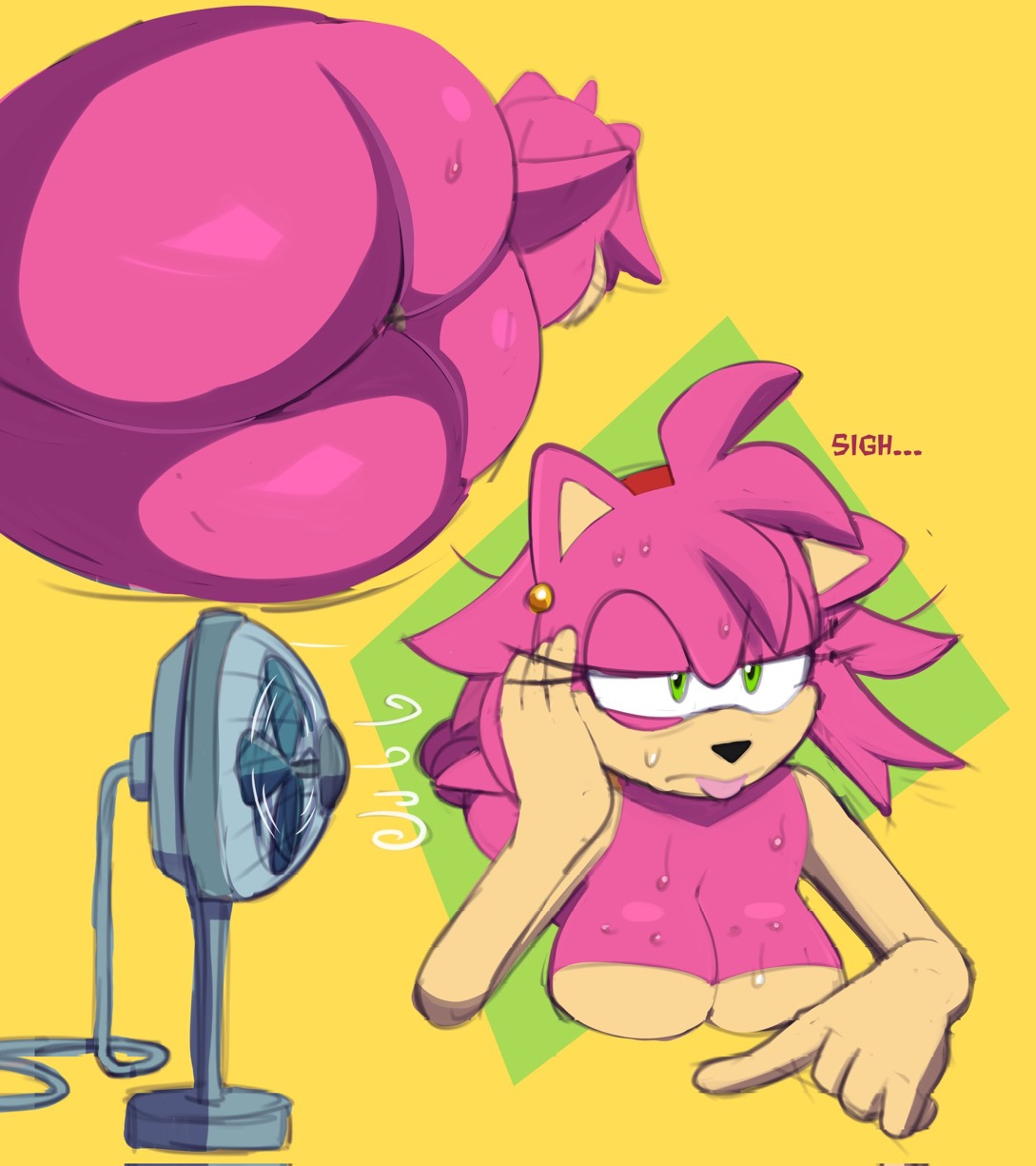amy rose, ass, ass crack, butt crack, cooling off, electric fan, fan, female, monamania, oiled body, oily, pink fur, sega, solo, solo female, sonic (series), sweat, sweatdrop, sweating, sweaty, sweetdandy, thick thighs, thighs bigger than head