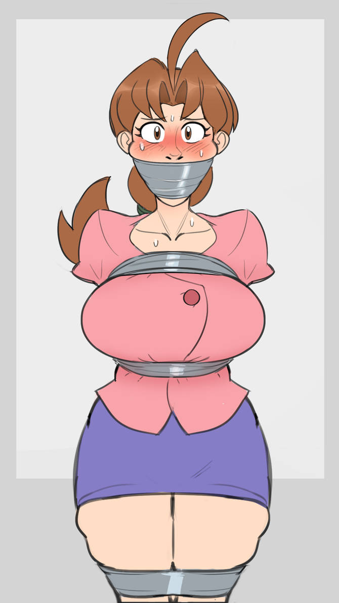 autotape big_breasts blush bondage brown_hair delia_ketchum_(pokemon) gag milf pokemon sweat tape_bondage tape_gag worried_expression