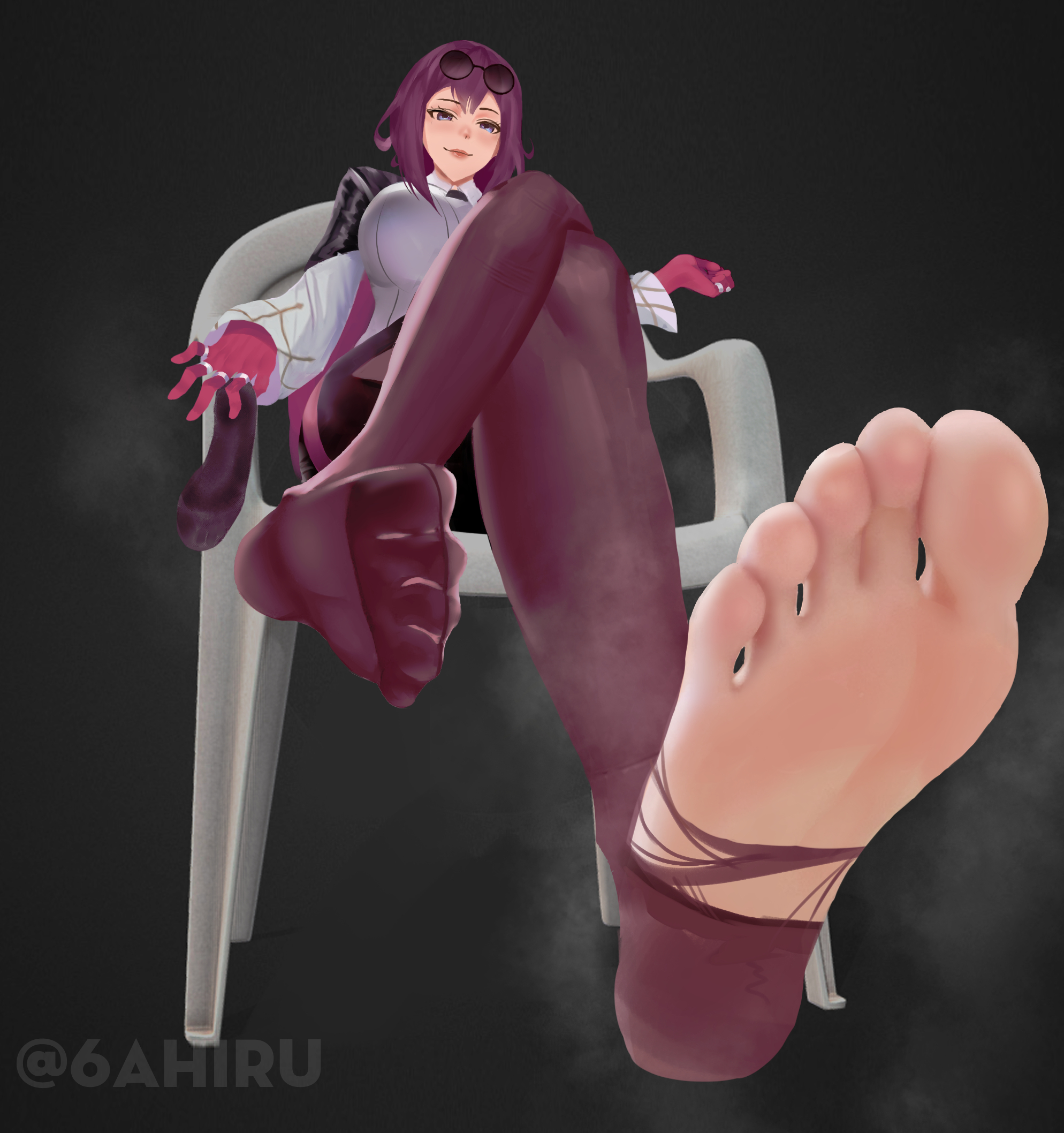 5 toes, 6ahiru, feet, feet up, female, foot focus, foot worship, footjob, footwear, honkai (series), honkai: star rail, kafka (honkai: star rail), pantyhose, sitting, sitting on chair, soles, soles of feet in socks, stockings, toes, toes spread