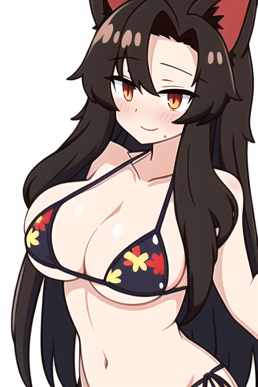 ai_generated bikini black_bikini blush bra brown_hair cleavage female floral_print imaizumi_kagerou kagerou_imaizumi large_breasts novelai orange_eyes panties print_bikini side-tie_bikini side-tie_panties smile swimsuit swimwear touhou wolf_ears wolf_girl