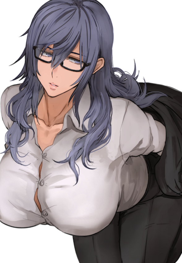 1girls, 2018, bent over, blue eyes, blue hair, breasts, button gap, clothed, clothing, female, female only, glasses, hair between eyes, huge breasts, leaning forward, long hair, looking to the side, matching hair/eyes, mature female, open clothes, original, pants, pepe (jonasan), ruuko-san, semi-rimless eyewear, shirt, simple background, solo, standing, teeth, tight clothing, undressing, white background