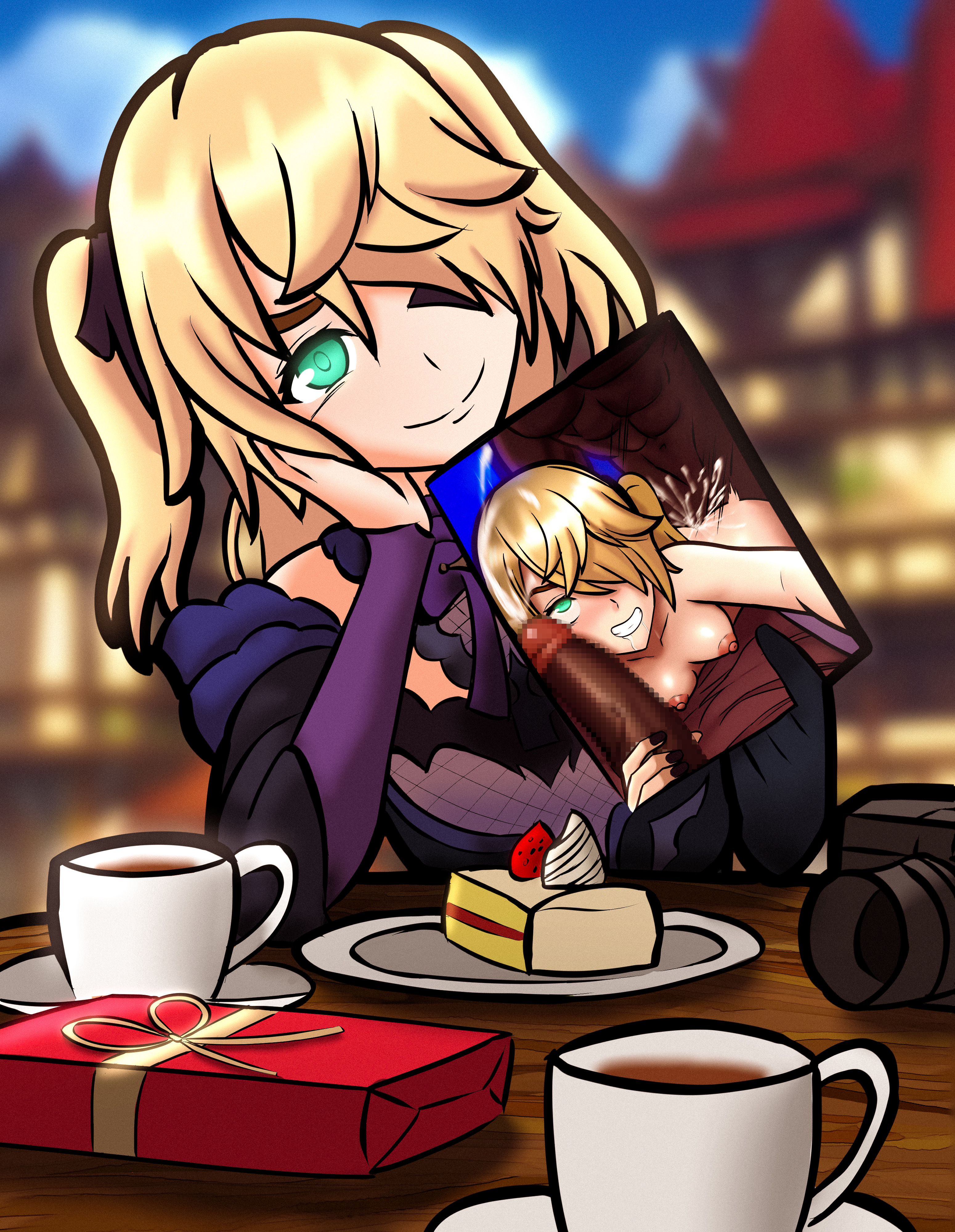 1girls, 2boys, blonde hair, cake, censored, cheating, cowgirl position, cum in pussy, dark skin, dark-skinned male, doggy style, female, fischl (genshin impact), food, from behind, from behind position, genshin impact, green eyes, hair covering eye, handjob, interracial, juxtaposition, light skin, light-skinned female, male, mosaic censoring, penis, penis in pussy, penis on face, photo, photo comparison, pussy, strawberry, threesome, tsuii, unseen male face