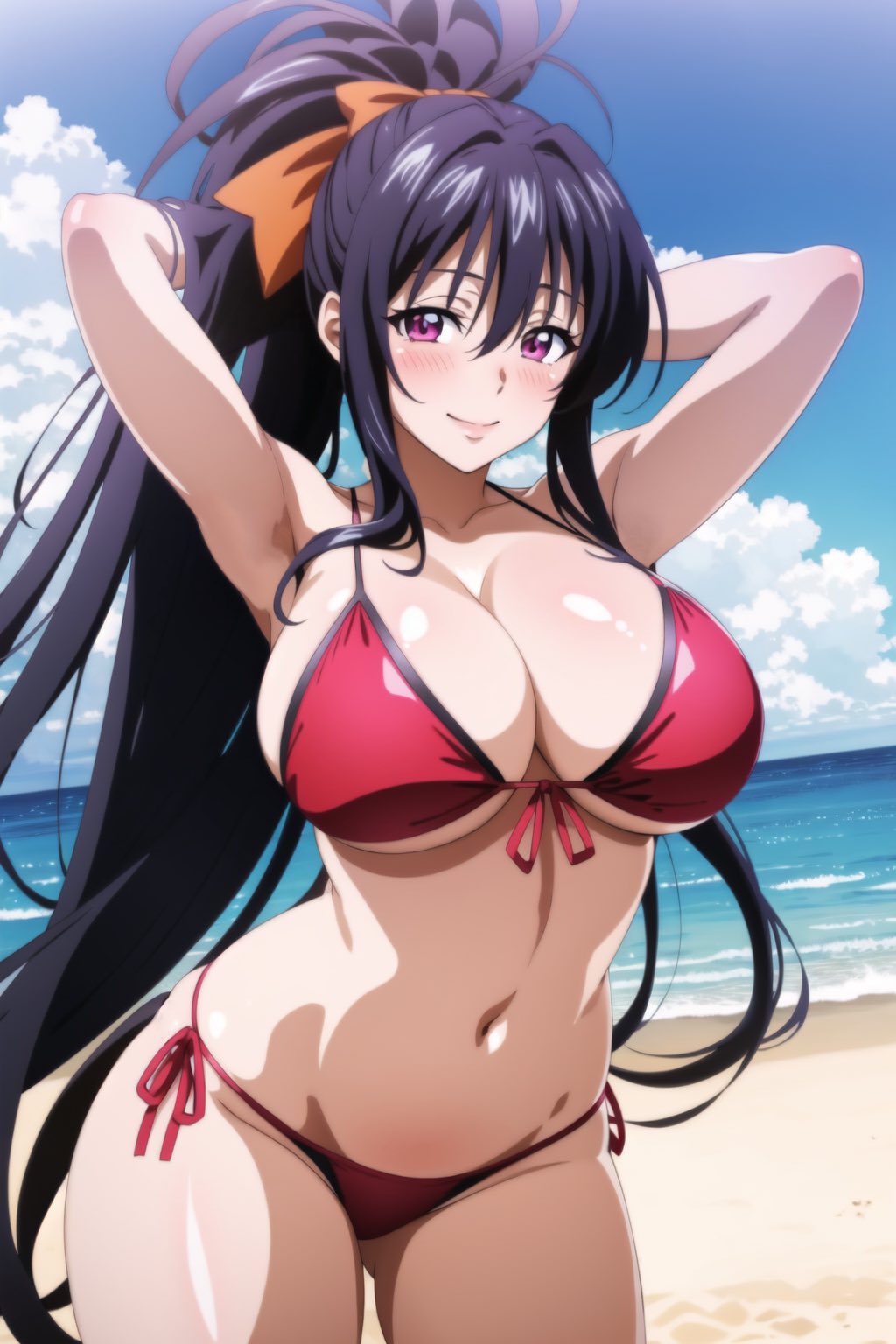1girls, ai generated, akeno himejima, armpits, arms behind head, beach, big breasts, bikini, breasts, busty, cleavage, female, female only, high school dxd, large breasts, long hair, navel, ocean, ponytail, pose, posing, purple eyes, purple hair, sensual, sexy armpits, solo, stable diffusion, swimsuit, water