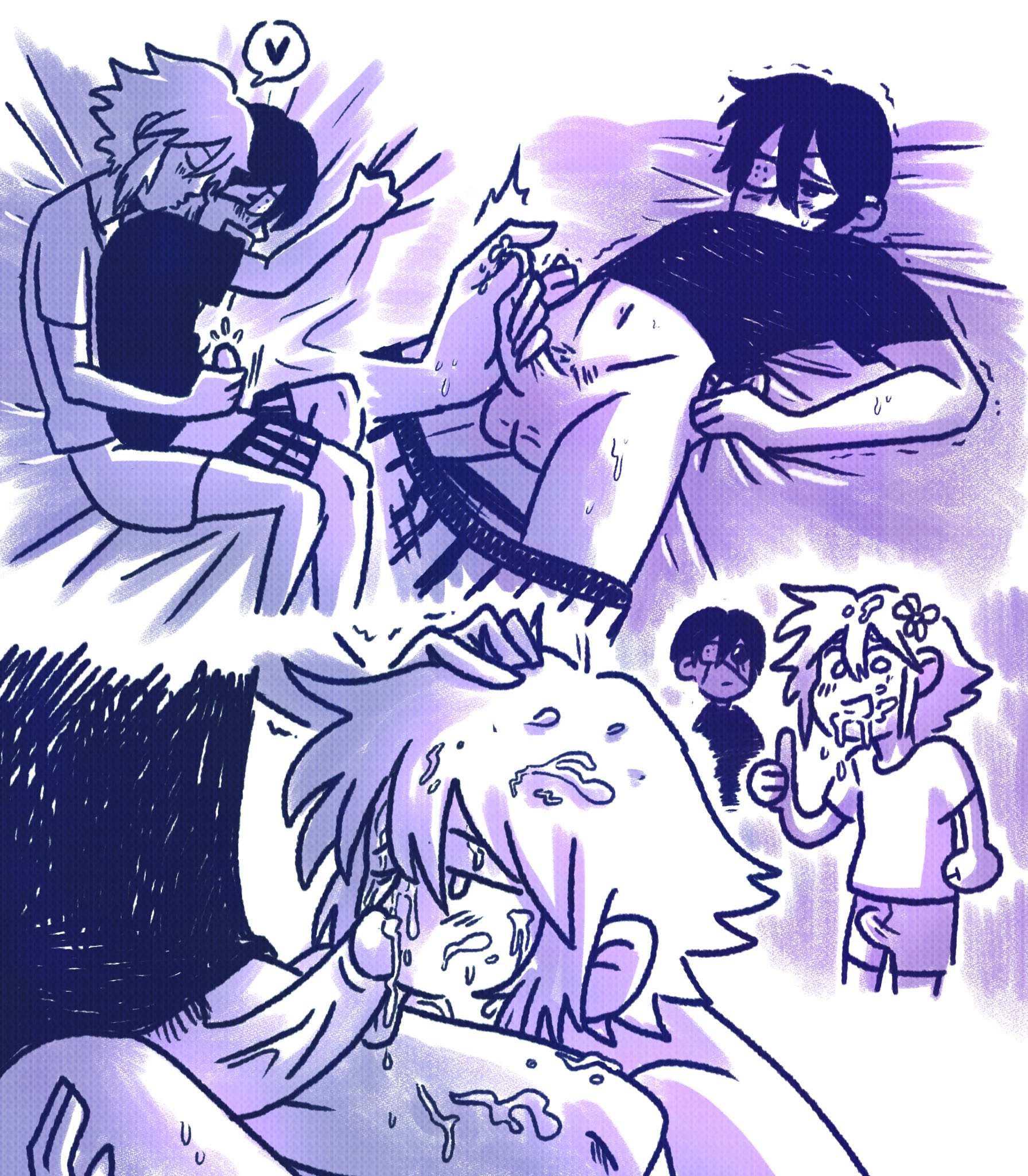 2boys, basil (omori), blowjob, cum on face, erection, facial, gay, handjob, male, male only, monochrome, multiple boys, multiple males, omori, penis, spooning, sunny (omori), trashyowls, yaoi