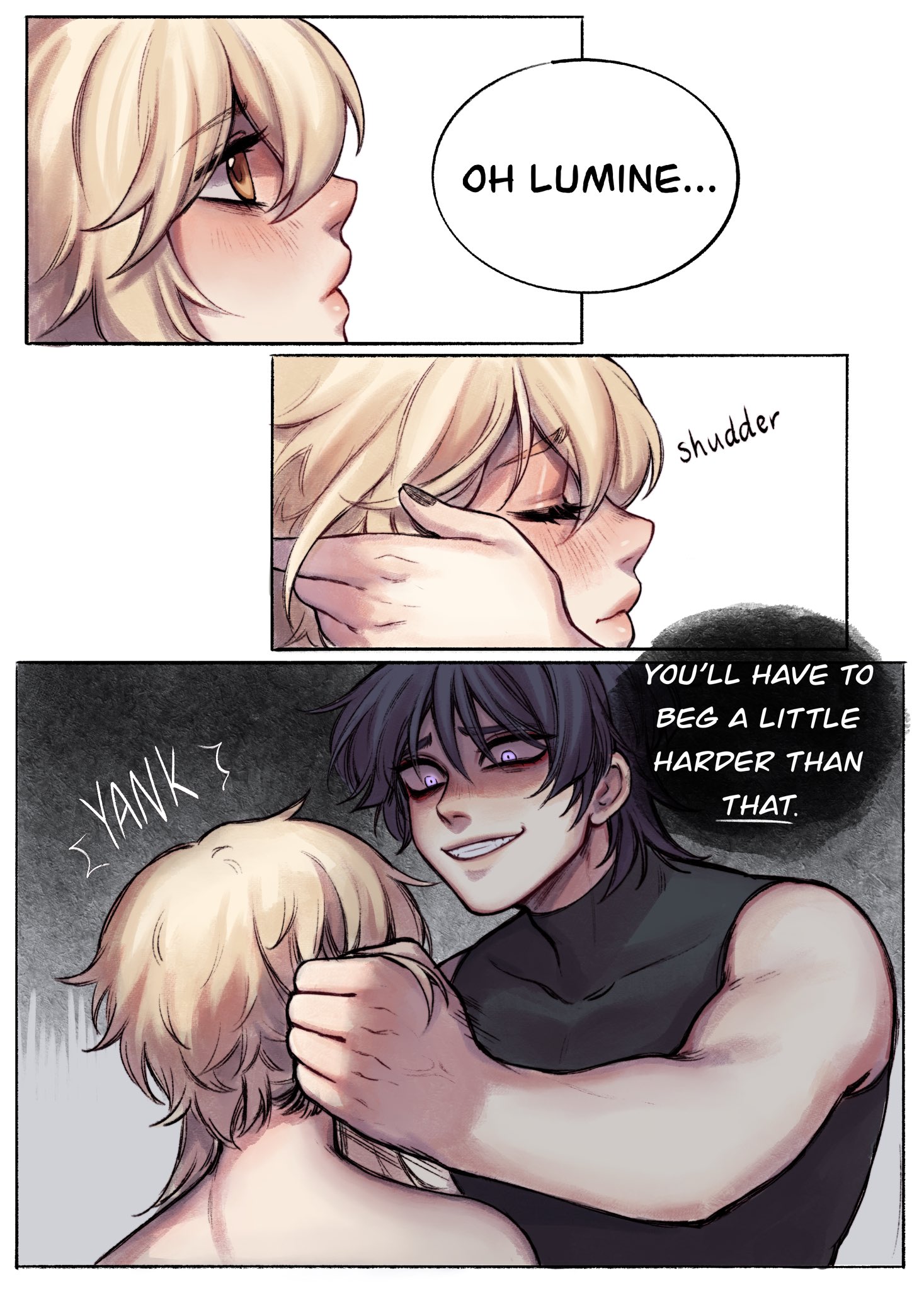 1boy, 1girls, bangs, bare shoulders, begging, begging for sex, begging pose, blonde female, blonde hair, comic, crazy eyes, dominant male, english text, female, femsub, genshin impact, grabbing hair, hair grab, hand on face, lumine (genshin impact), male, male yandere, maledom, nomi owo, page 2, scaramouche (genshin impact), short hair with long locks, sleeveless, straight, touching face, yandere