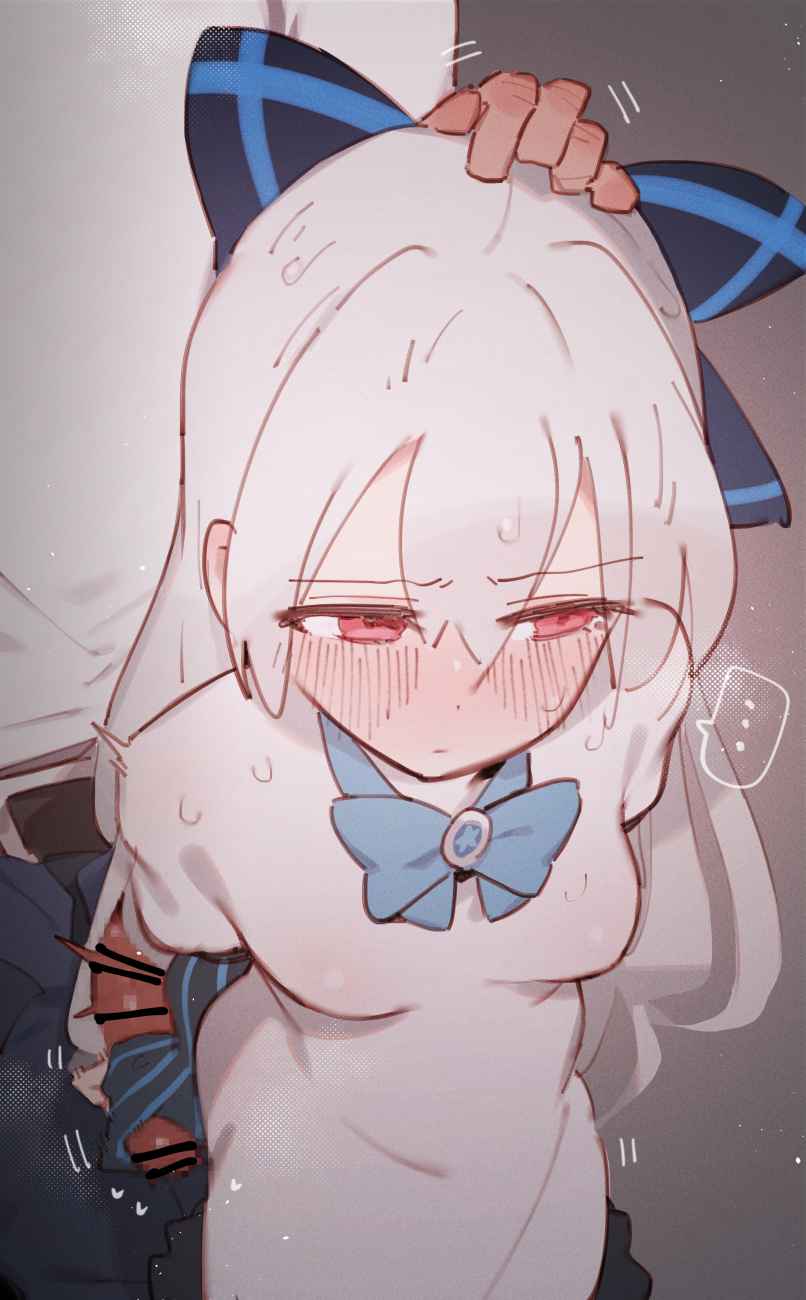 ... 1boy bar_censor black_bow blue_bow blue_bowtie blush bow bowtie breasts censored closed_mouth dress female girls'_frontline gsusart hair_between_eyes hairbow hand_on_another's_head handjob highres motion_lines penis red_eyes small_breasts solo_focus spoken_ellipsis straight sweat tokarev_(girls'_frontline) white_dress white_hair