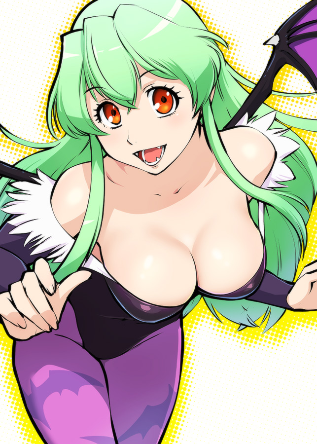 1girls big_breasts breasts cleavage clothing cosplay darkstalkers female green_hair jitsu_wa_watashi_wa light-skinned_female long_hair medium_breasts morrigan_aensland_(cosplay) shiragami_youko solo succubus tagme thighs ueyama_michirou wings