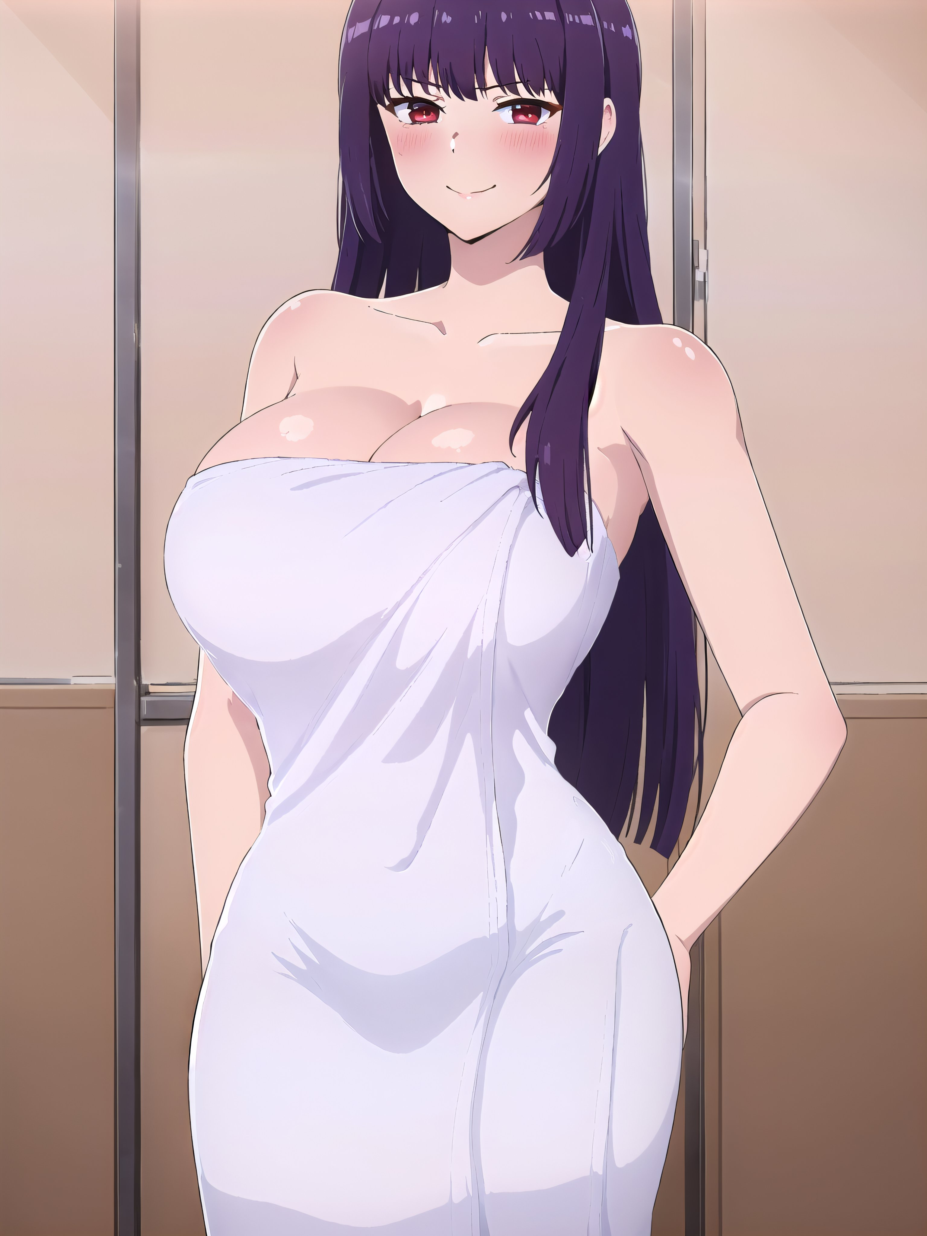 1girls, ai generated, big breasts, breasts, busty, cleavage, female, female only, hand on hip, large breasts, legs, long hair, looking at viewer, please don't bully me, nagatoro, pose, posing, president (nagatoro), purple hair, red eyes, sana sunomiya, smile, solo, stable diffusion, thighs, towel, towel only, voluptuous