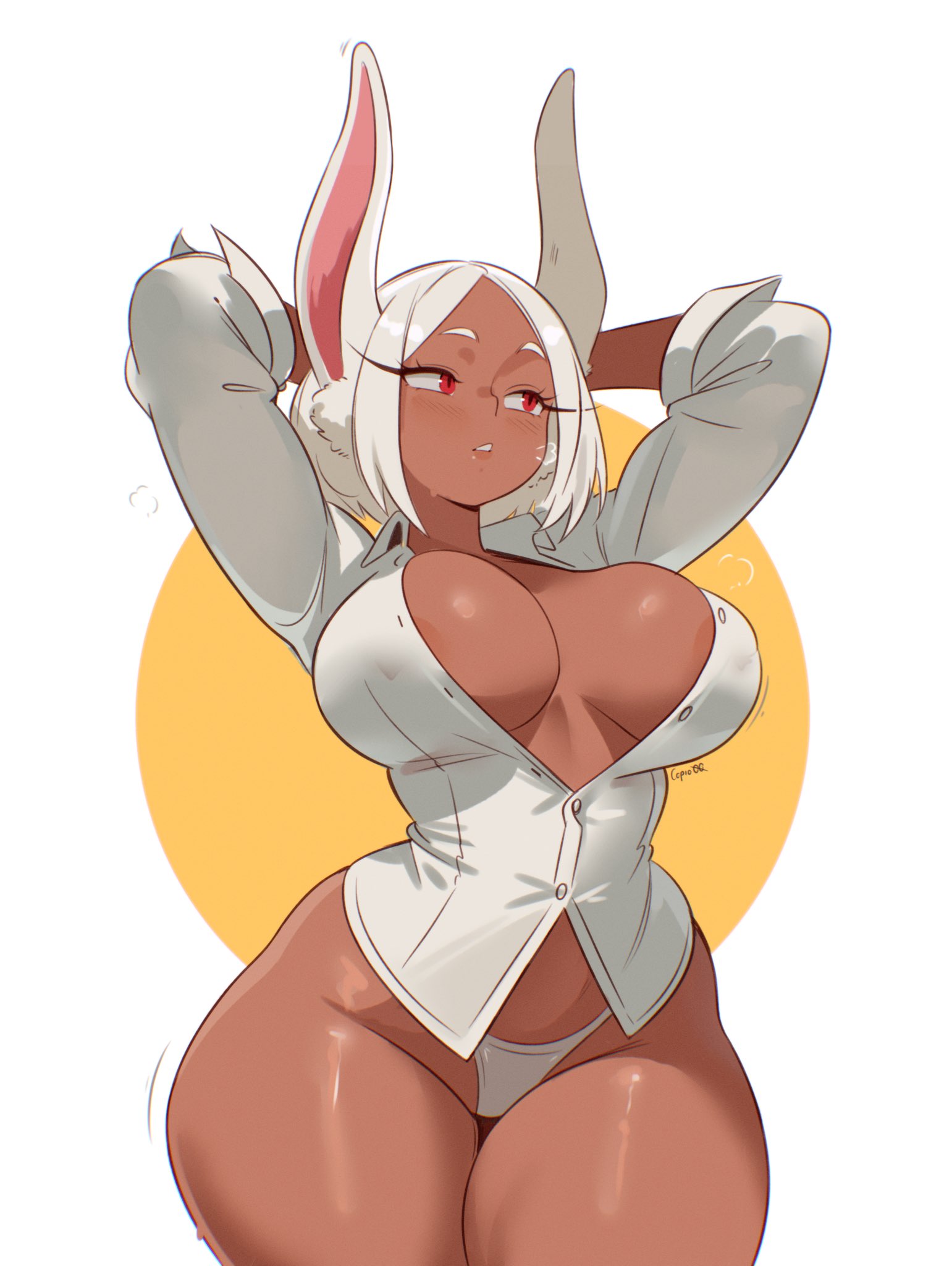 1girls, 2025, artist name, blush, boku no hero academia, breasts, copio00, dark skin, dark-skinned female, female, female only, highres, large breasts, long hair, miruko, my hero academia, nipple peek, nipples, open mouth, open shirt, plain background, rabbit, rabbit ears, rabbit girl, red eyes, rumi usagiyama, shirt, thick thighs, visible breath, watermark, white background, white hair, wide hips