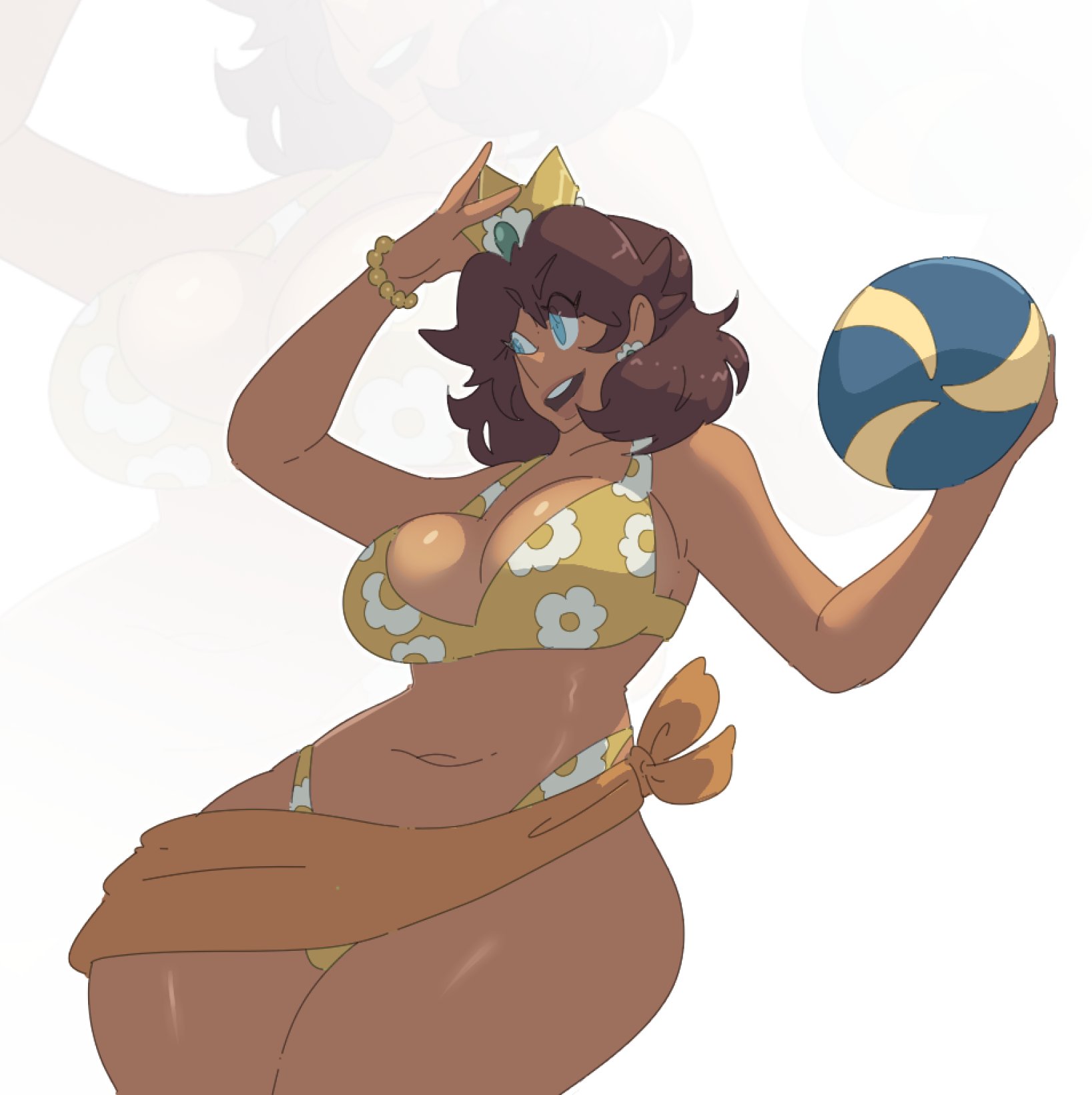 1girls, ball, bare shoulders, beach ball, bikini, blue eyes, bracelet, breasts, brown hair, cleavage, crown, earrings, female, flower earrings, gold crown, large breasts, leedraw11, mario (series), navel, nintendo, open mouth, princess daisy, short hair, solo, solo female, solo focus, thick thighs, thighs