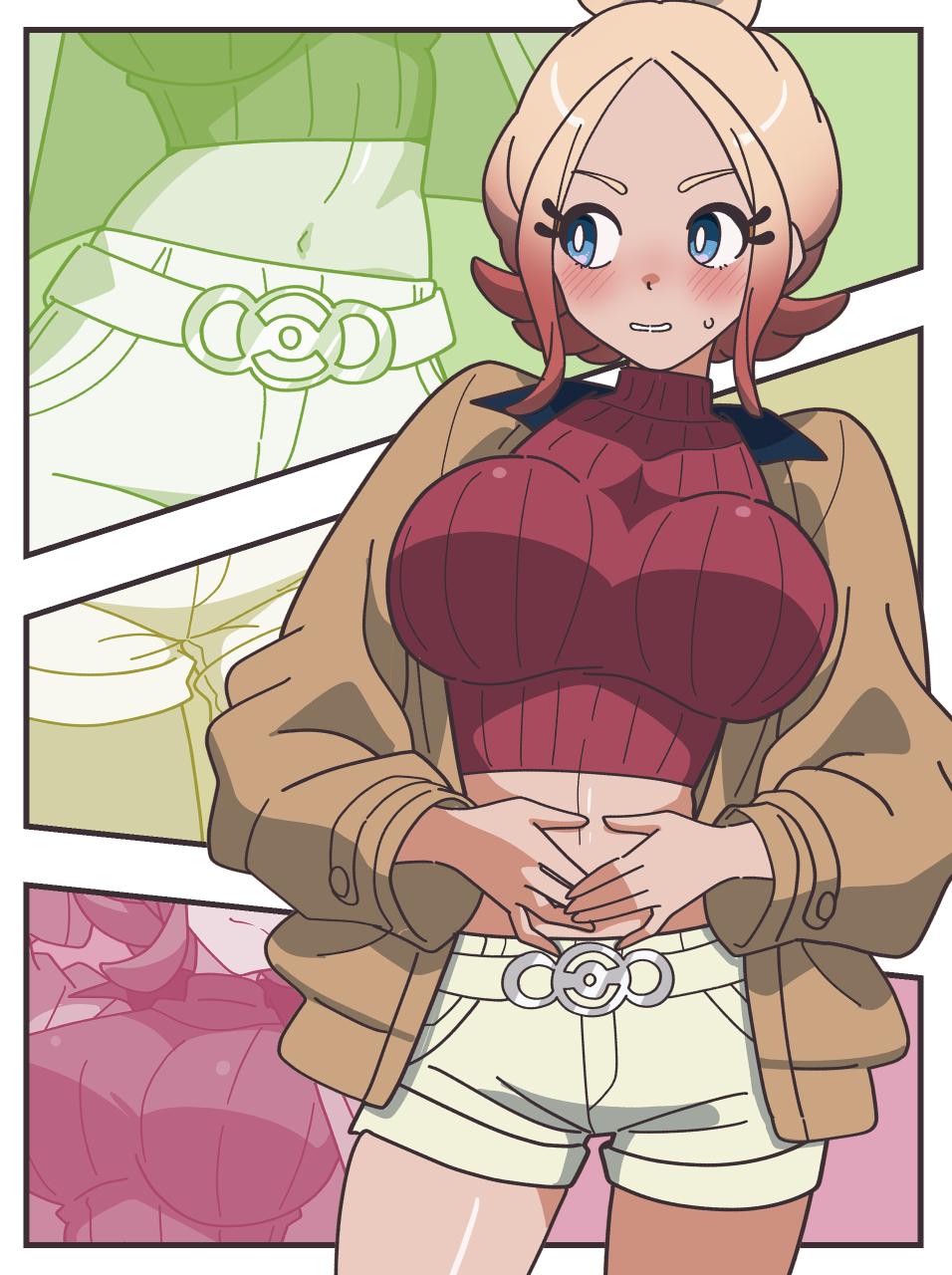 1girls, belt, blonde hair, blue eyes, blush, breasts, brown jacket, closed mouth, commentary request, crop top, cropped shirt, female, female only, game freak, gradient hair, hair bun, highres, jacket, kanbei (pixiv11037490), large breasts, light smile, long sleeves, looking at viewer, midriff, multicolored hair, navel, nintendo, open clothes, open jacket, parted bangs, pink hair, pokemon, pokemon legends: z-a, red shirt, ribbed shirt, shirt, short shorts, shorts, sidelocks, solo, standing, taunie (pokemon), townie (pokemon), turtleneck, turtleneck shirt, white belt, white border, white shorts, zoom layer