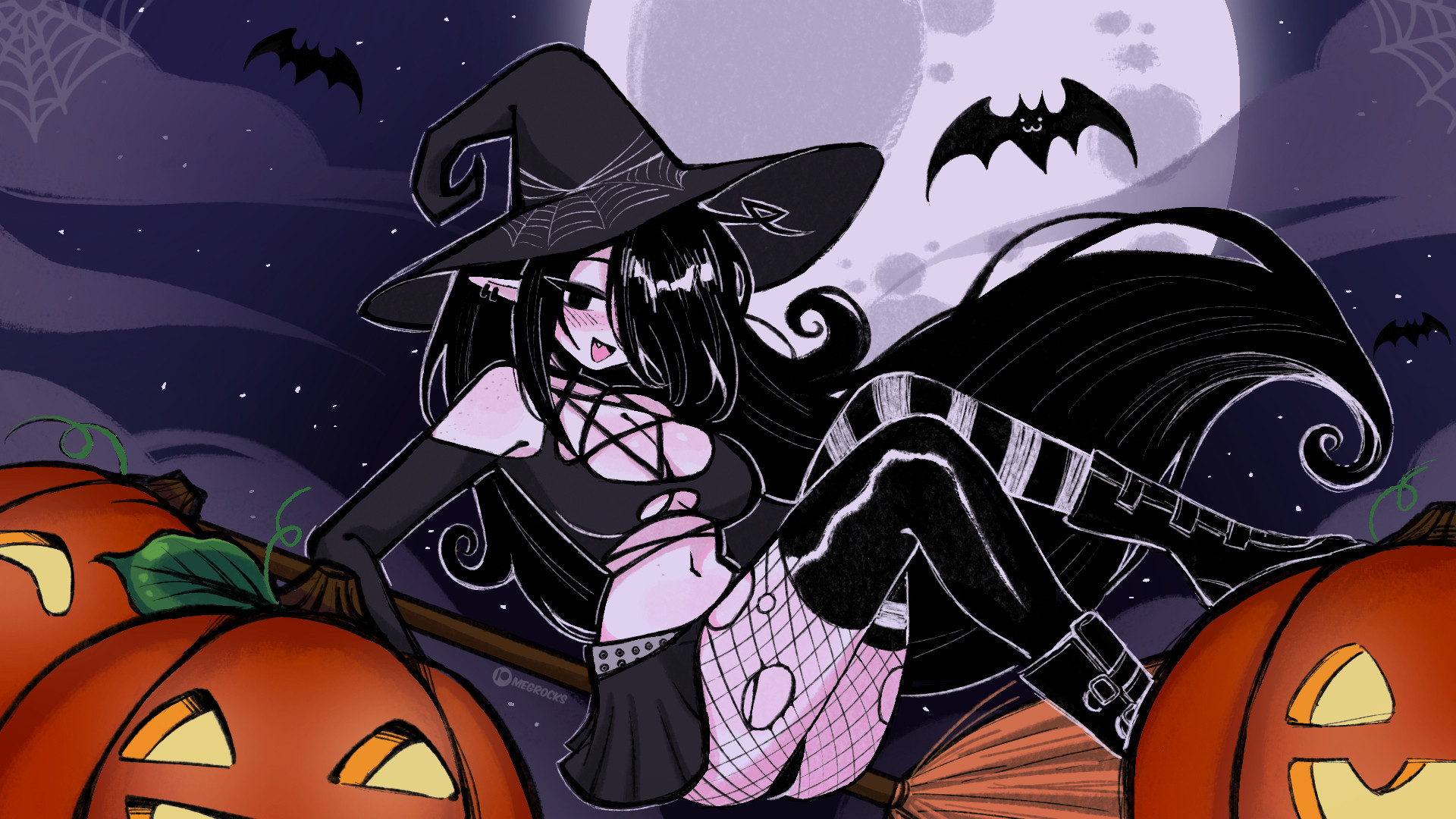 bat, black hair, cute fang, fishnet legwear, fishnet stockings, fishnets, full moon, halloween, jack-o'-lantern, long hair, meg (megrocks), megrocks, pointy ears, pumpkin, ripped fishnets, thighhighs, very long hair, witch, witch hat