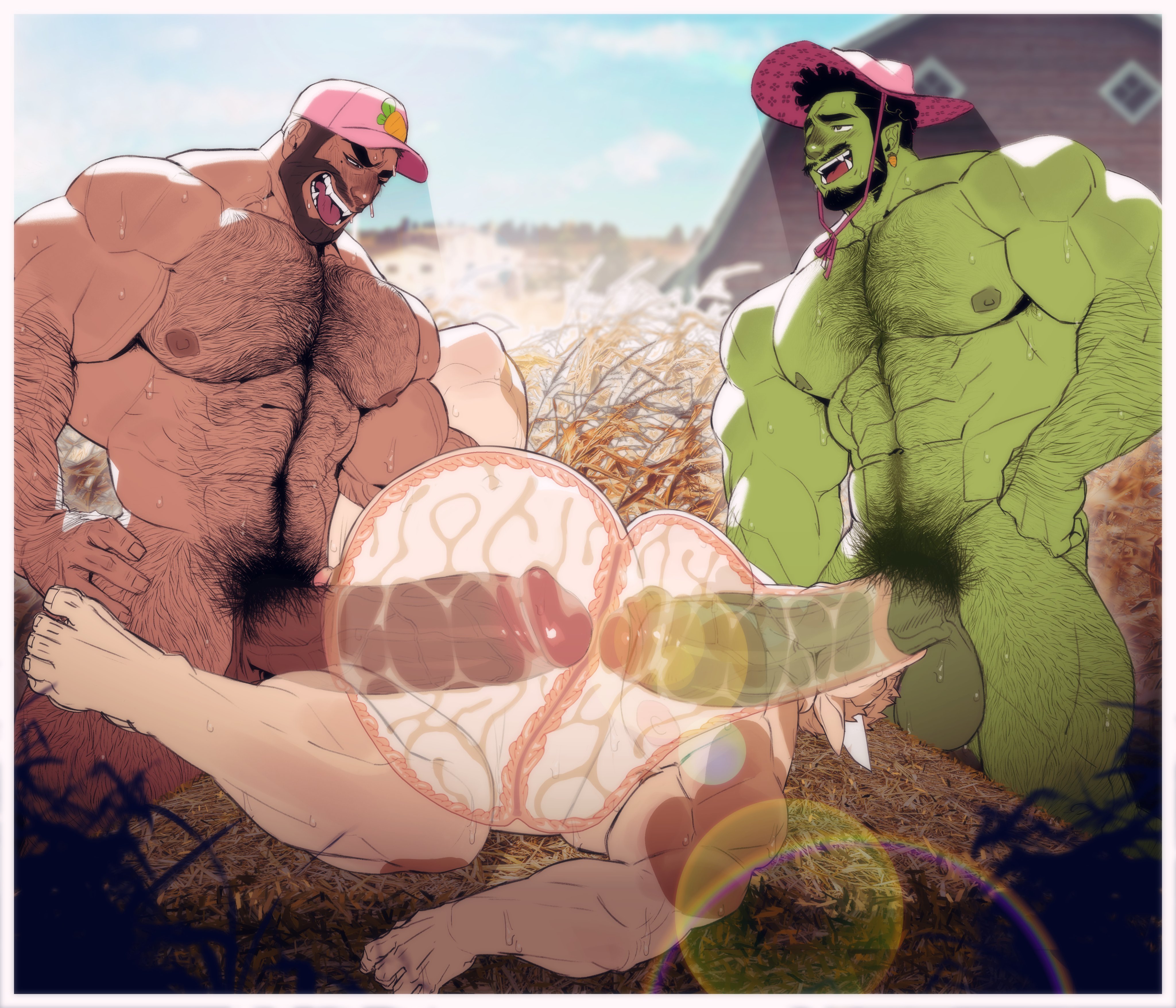 balls, bara, beard, belly inflation, blowjob while penetrated, bovine ears, bovine horn, bovine humanoid, brown hair, bucket hat, cock hungry, cock in mouth, cow spots, cum, cum in mouth, cum in pussy, cum inside, cuntboy, different species, dominant human, dominant male, dominant orc, farmer dez, filled belly, filled with cock, full of cum, furry, furry bottom, furry with non-furry, gay, gay sex, gay threesome, green body, green nipples, green penis, green skin, hairy arms, hairy chest, hairy legs, hairy male, handholding, haystack, holding leg up, human, human genitalia, human on furry, inflation, intersex, intersex/male, large balls, large cocks, large pectorals, large penis, light brown body, light brown fur, light brown hair, light fur, male, male cow, male dominating male, male focus, male on male, male only, male penetrated, male penetrating, male penetrating cuntboy, male penetrating male, male spitroast, male with male, male/male, male/male/male, males only, mating, moustache, muscular, muscular arms, muscular cuntboy, muscular furry, muscular male, muscular thighs, nipple pinch, nipple play, nipples, nu nudo do, nunudodo, oc, orc, orc male, outdoor nudity, outdoor sex, penis, penis in mouth, penis in pussy, pink cap, pink nipples, pubic hair, pussy, rancher grunh, size difference, spitroast, spread legs, submissive anthro, submissive intersex, submissive male, sweaty body, tan nipples, tan skin, threesome, vaginal penetration, veiny penis, visible penetration, x-ray vision, yaoi