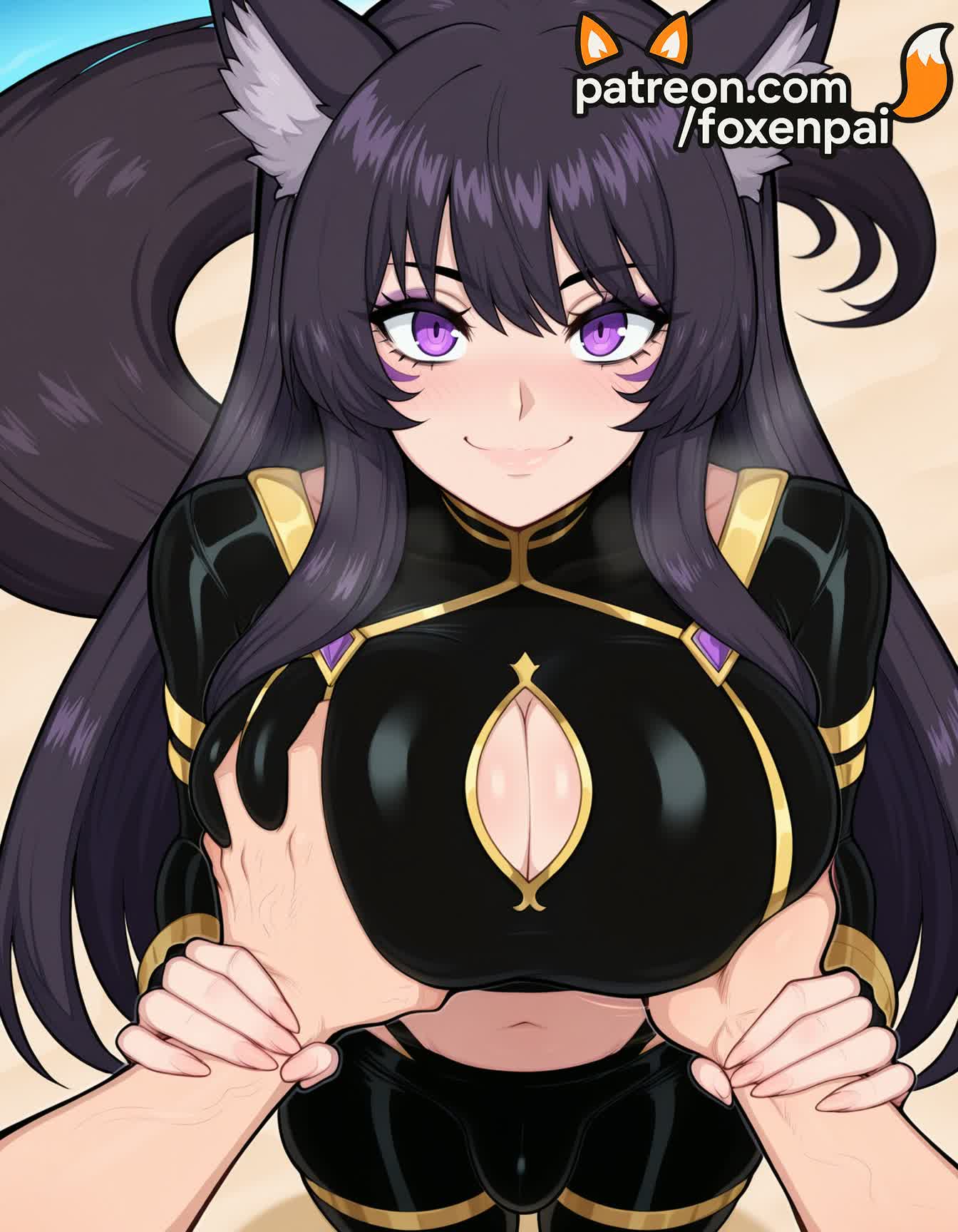 1futa, 2025, ai generated, animal ears, artist name, big breasts, big chest, black hair, blush, breasts, bust, busty, chest, cleavage, cleavage cutout, clothing cutout, delta (the eminence in shadow), erection, foxenpai, futanari, guided breast grab, hi res, high quality, high resolution, highres, holding hands, intersex, large breasts, long hair, looking at viewer, navel, patreon, patreon username, pov, purple eyes, smile, stable diffusion, tail, the eminence in shadow, watermark
