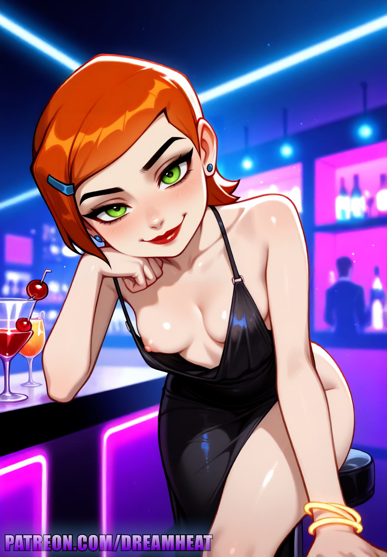 1girls, ai generated, areolae, ben 10, black dress, bracelet, breasts, cleavage, cocktail, dreamheat, dress, earrings, female, green eyes, gwen tennyson, high slit dress, neon lights, nightclub, nipple slip, nipples, red hair, red lipstick, short hair, sitting, slim, small breasts, smile, solo