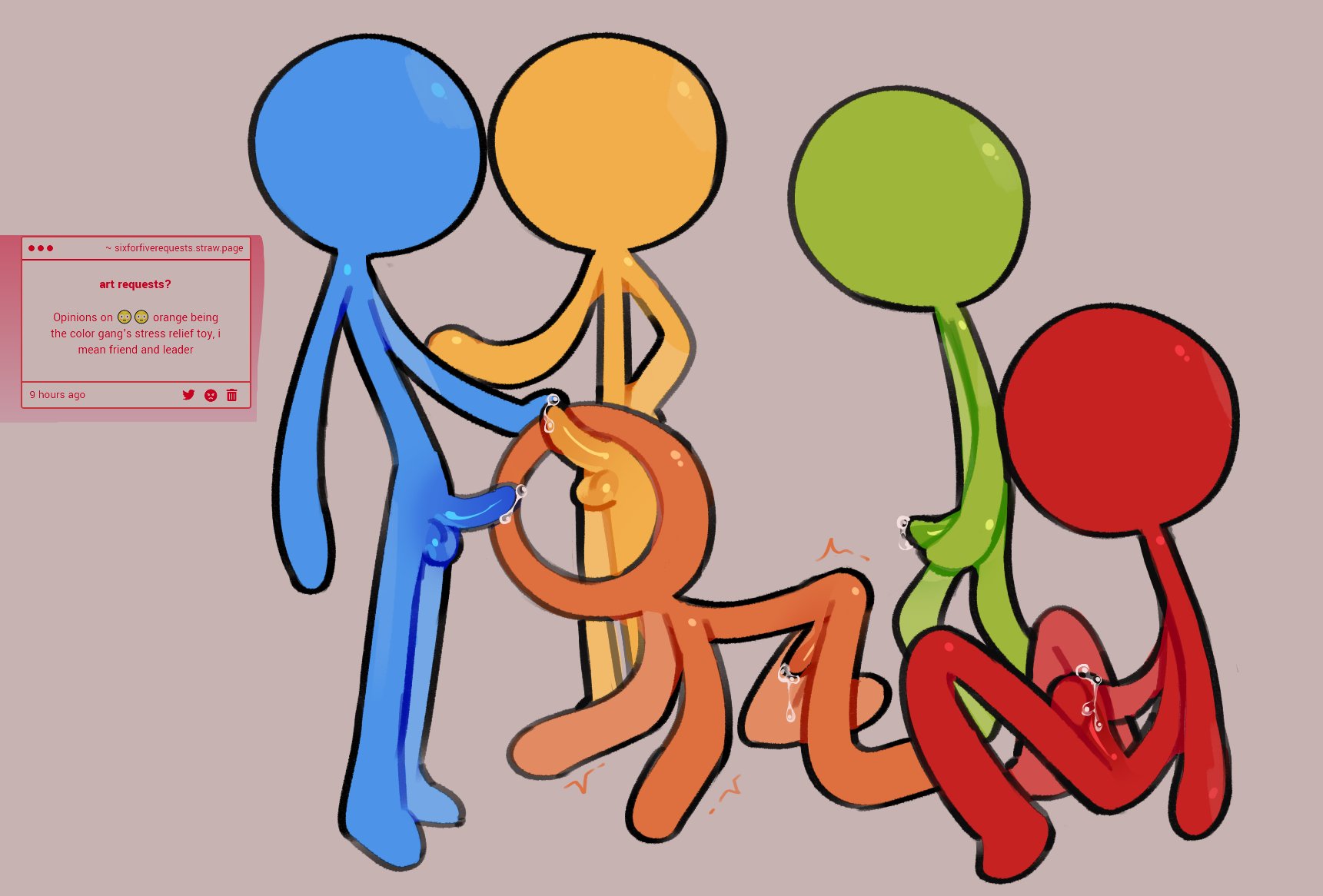 5boys, alan becker, all fours, blue (avm), cum, cum drip, fivesome, gay, gay male, green (avm), male, male only, masturbation, motion lines, on knees, penis, red (avm), simple background, sixforfivepound, stickfigure, stickman, the second coming (animator vs animation), yellow (avm)