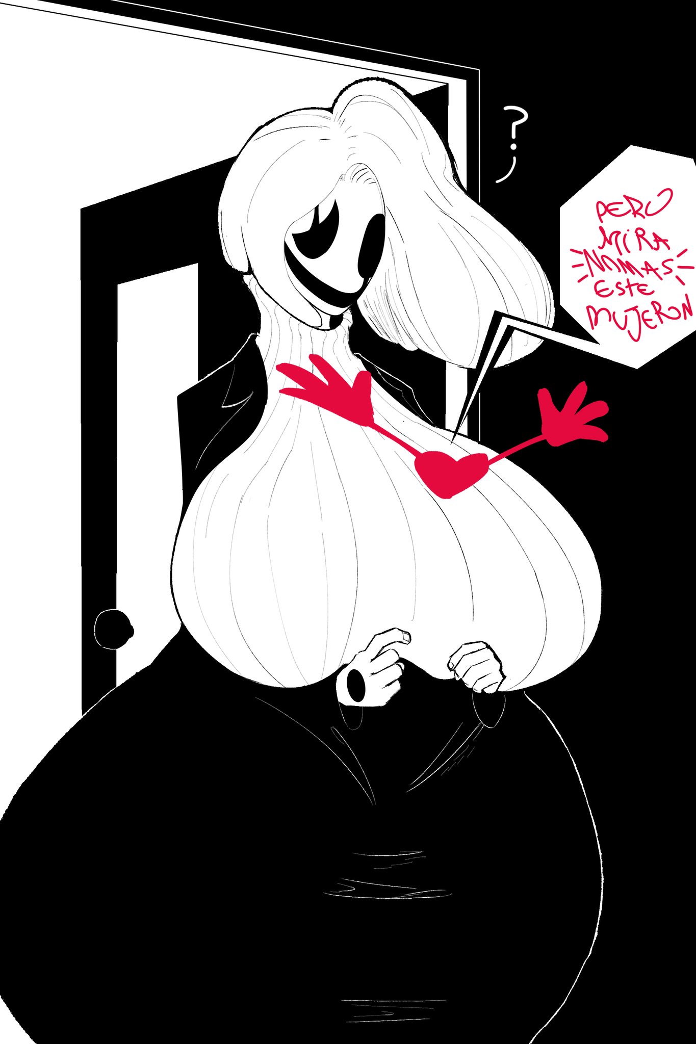 ?, 2d, 2d (artwork), big breasts, black clothing, breasts, breasts bigger than head, cuckcleo, deltarune, door, fem gaster, female, gaster, hair, huge thighs, mysteryman, question mark, soul (deltarune), soul (undertale), spanish text, sweater, tagme, text, text bubble, tight clothing, turtleneck, turtleneck sweater, undertale, undertale (series), white hair, white sweater